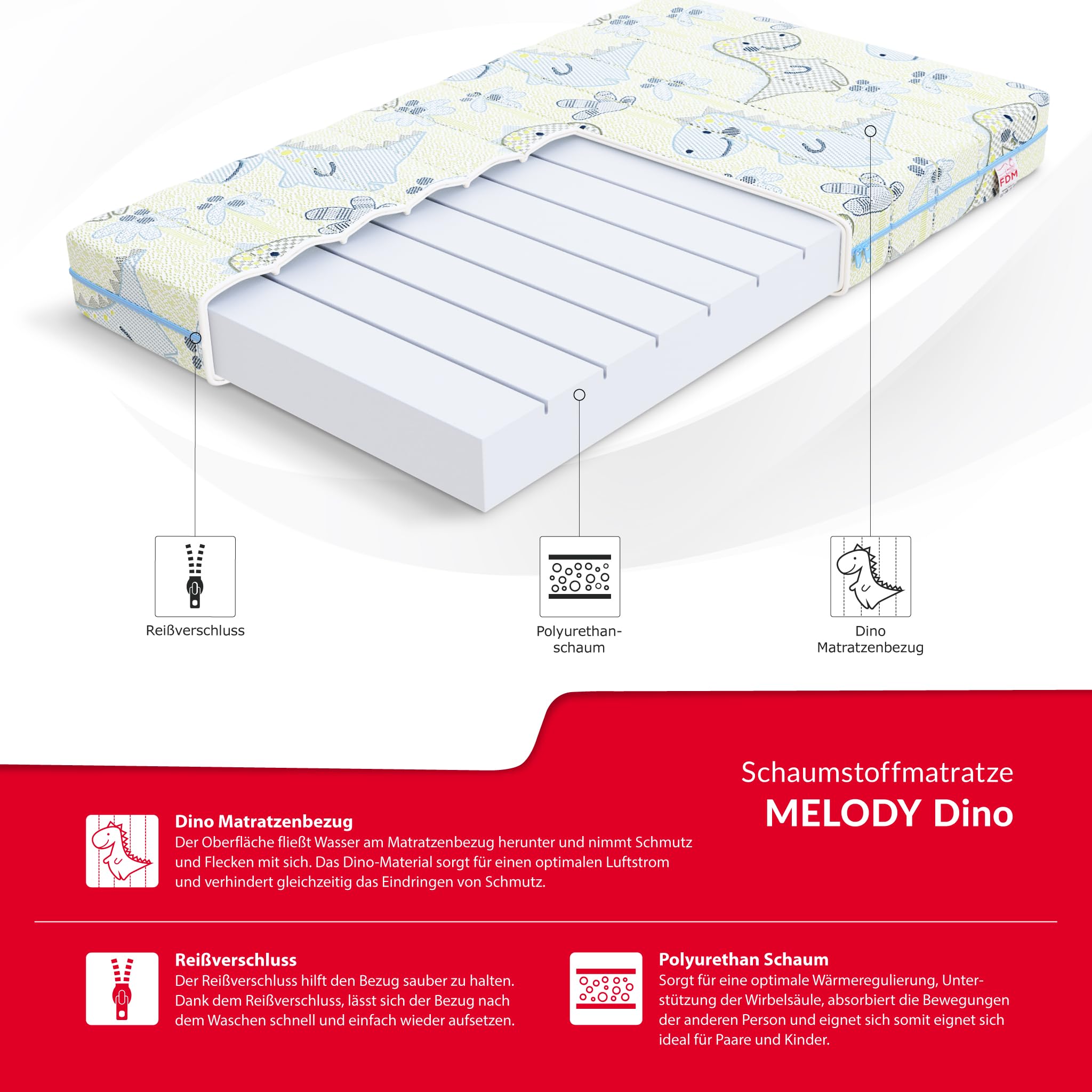 Matelas Enfant 90x190 cm Mousse Froide H3 Öko-Tex Housse Lavable Motif Dinosaures