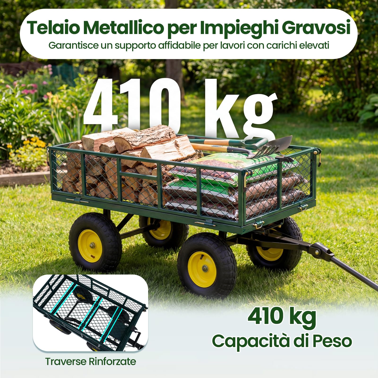 COSTWAY Carrello da Giardino in Metallo, Carretto a Mano con 4 Ruote Pneumatiche, Sponde Rete Rimovibili, Borsa Portaoggetti e Manico Regolabile, Portata 410 kg, per Giardinaggio, Trasporto e Fattoria