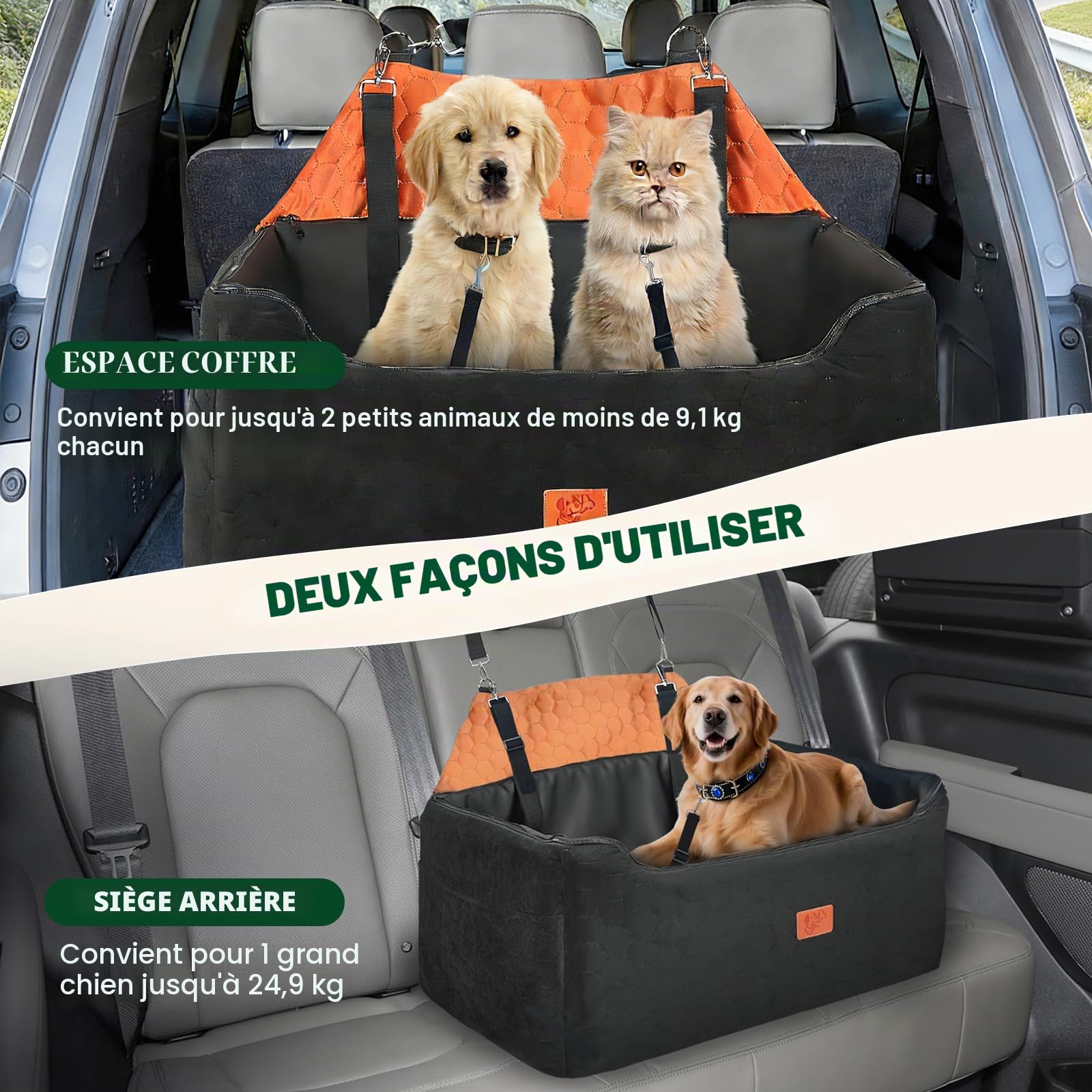 Siège Auto Grand Chien,Rehausseur Amovible et Lavable avec Housse en Cuir Imperméable, pour Chiens de Moyenne et Grande Taille Laisse Incluse, Panier Chien Voiture Plus Lourds78x55x53CM(Brunâtre Noir