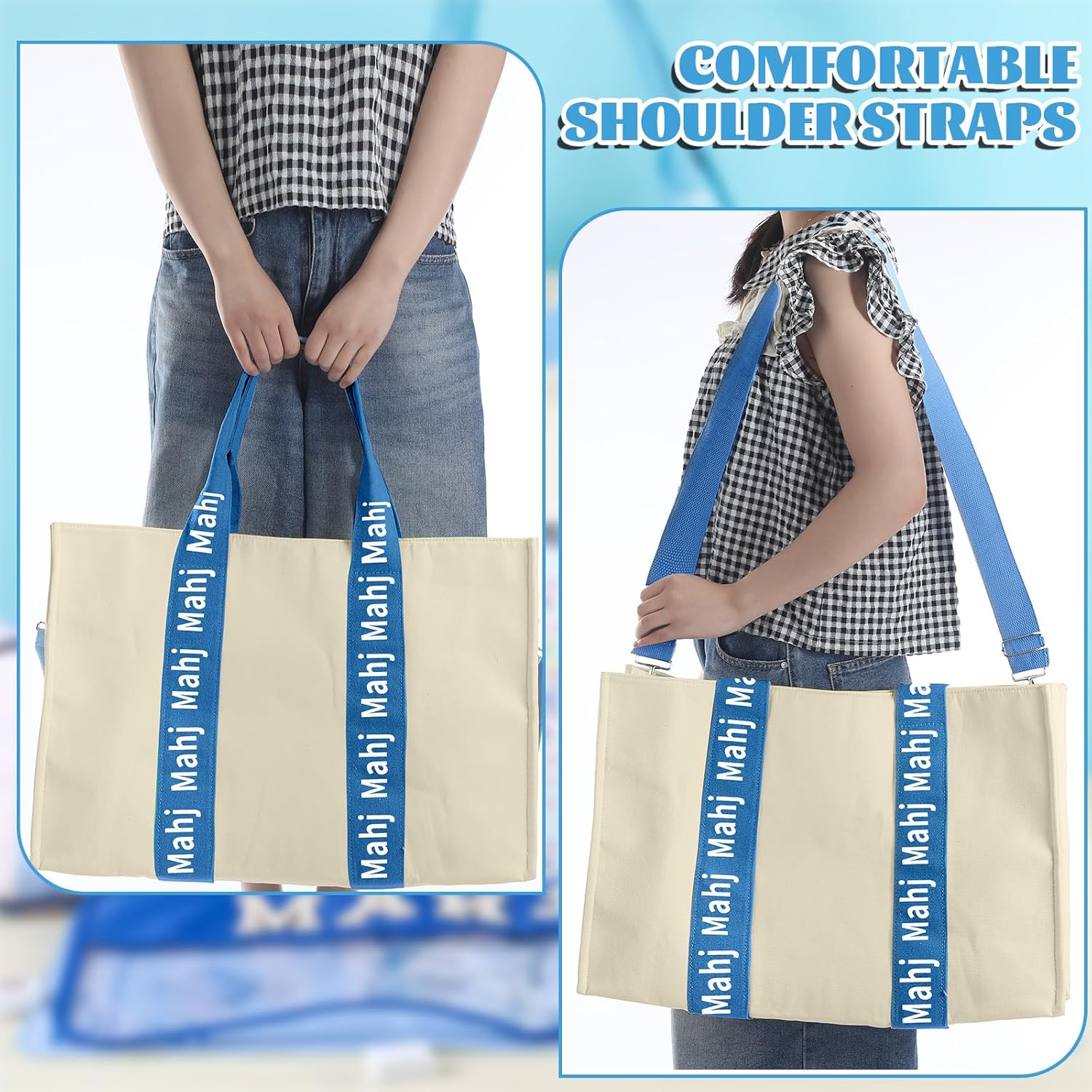 Empty Mahjong Bag for Tiles 22x15x6 Inches Thickened Canvas Mahjong Carrying Tote Bag with Lining and Thicker Handle for Enthusiasts Women or Men Party Supplies, Case Only(White and Light Blue)