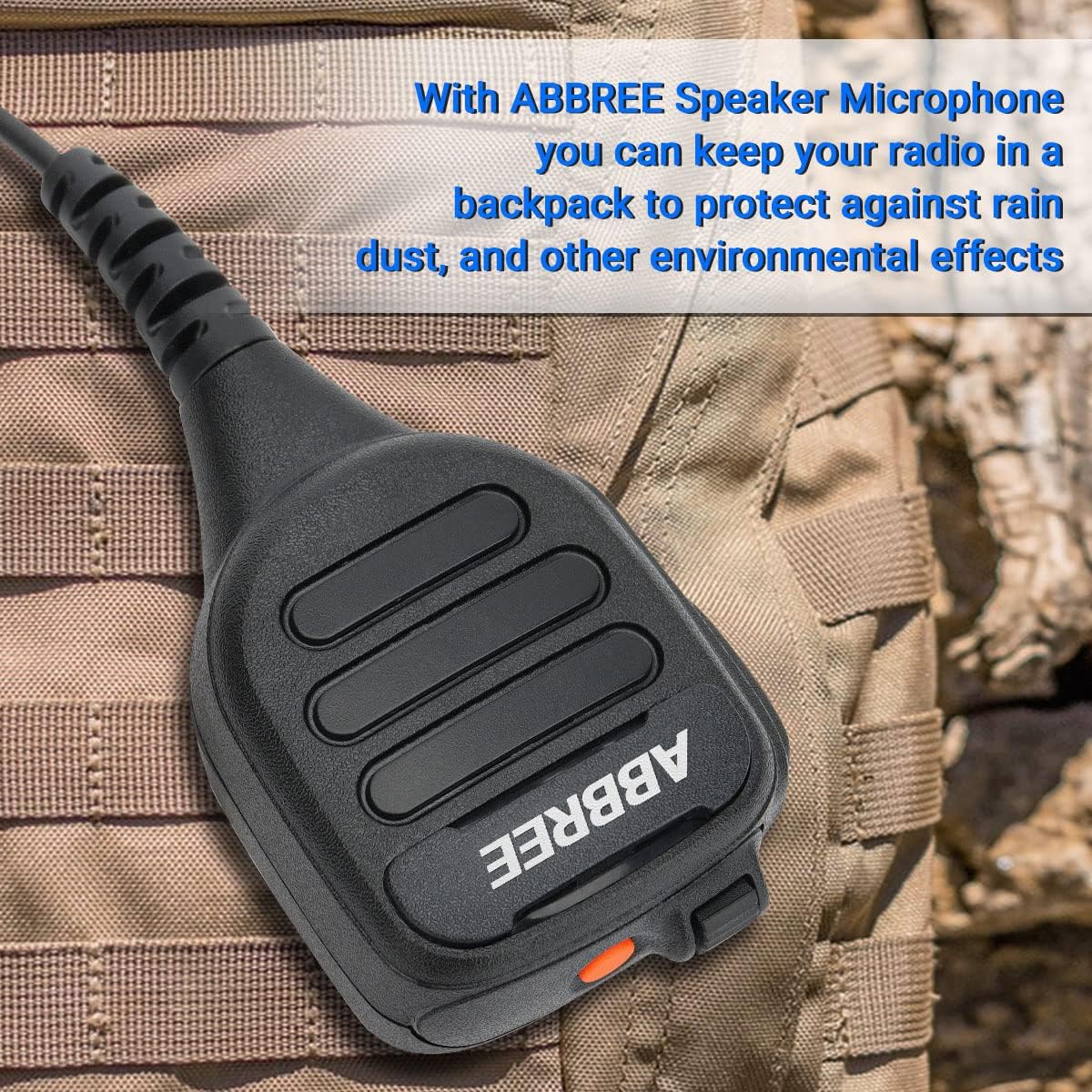 ABBREE Speaker Microphone attached to a backpack, demonstrating protection against environmental effects