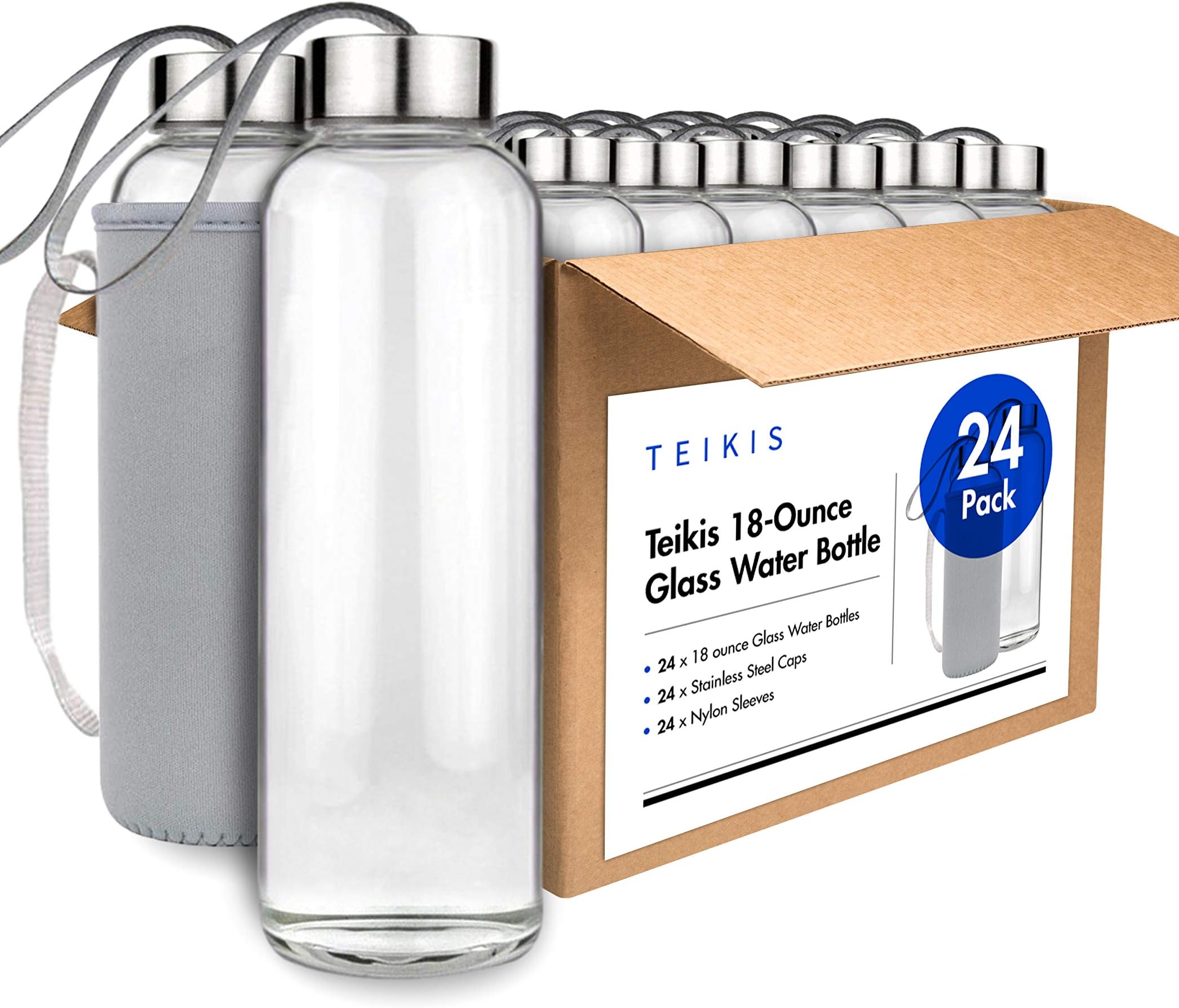 Teikis 18-Oz Glass Water Bottle with 24 Non Slip Protection Sleeve - No Leak (24-Pack)