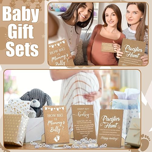 Miniatura 7 de Sherr 476 piezas Kraft Baby Shower Games 6 juegos de tarjetas de actividades, juego de caza de chupetes, 50 chupetes Qué tan grande es el signo del