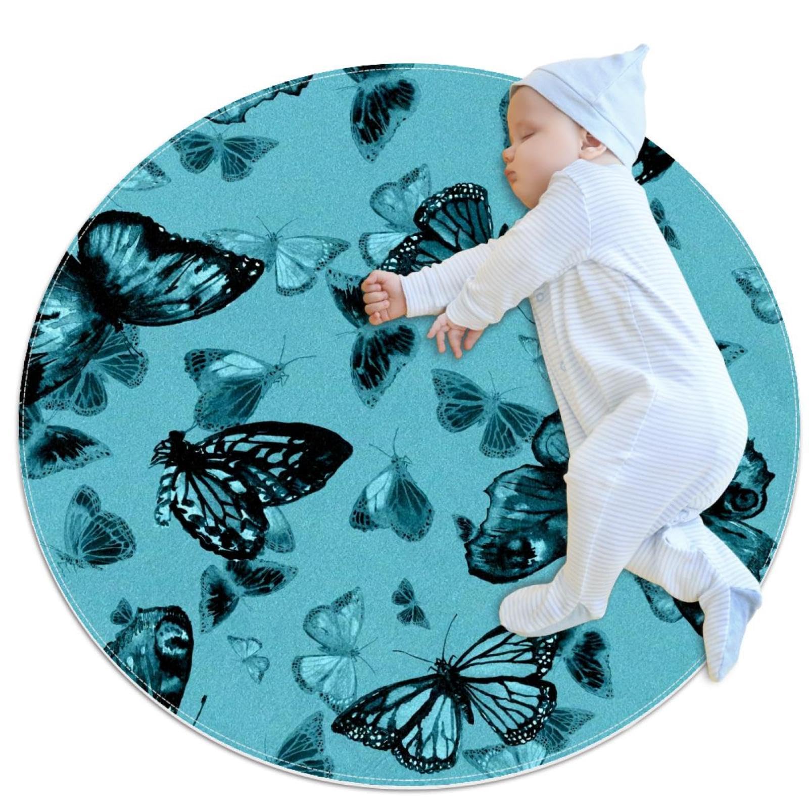 Tapis de salle de bain antidérapant papillon bleu rond pour chambre
