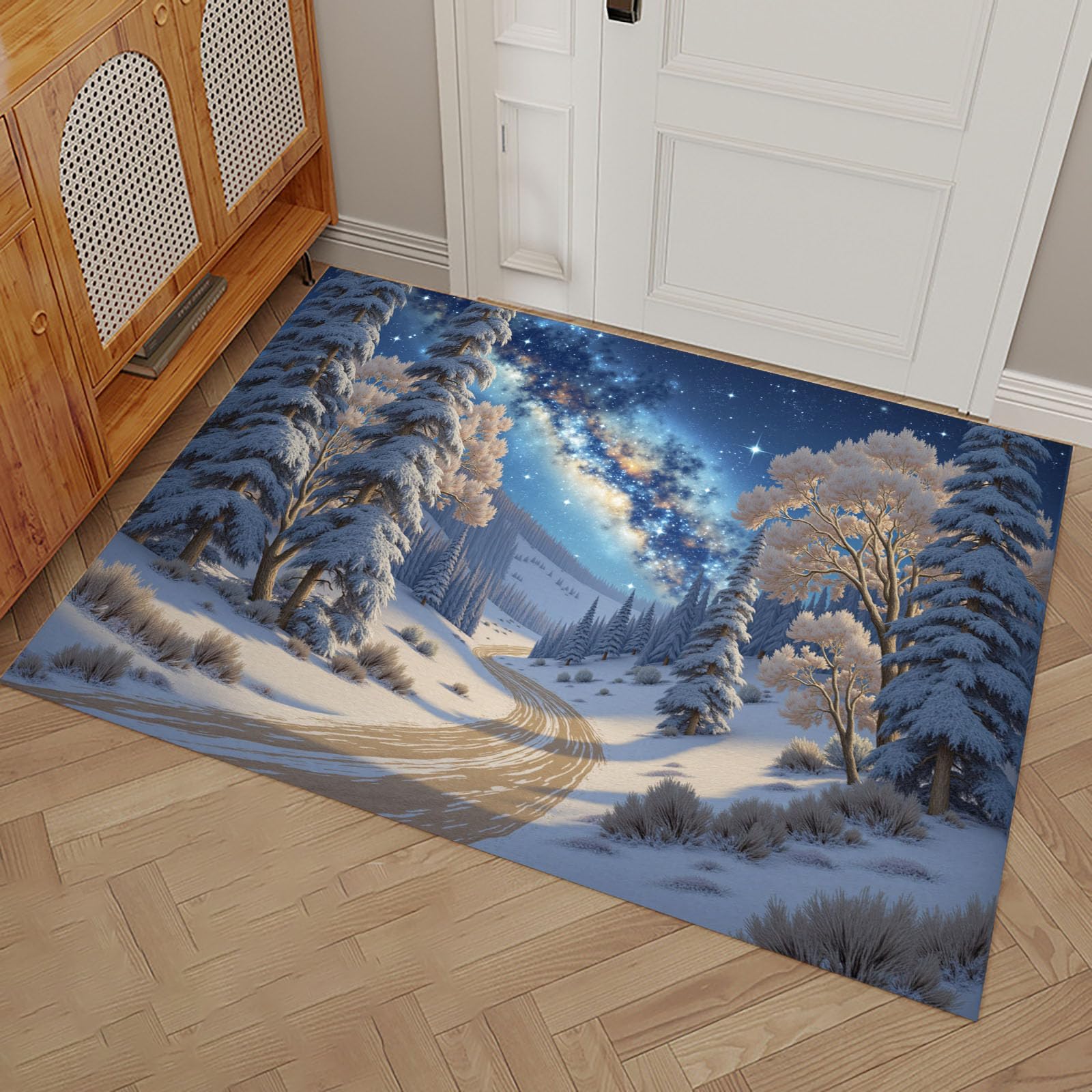 Tapis De Porte De Bienvenue, 90 X 150 Cm Scène Neige Étoilée Rêve Paillasson Entree Antidérapant Lavable Arbre Galaxie Neige Tapis De Sol Anti-Poussière pour Entrée Couloir Cuisine,Bleu