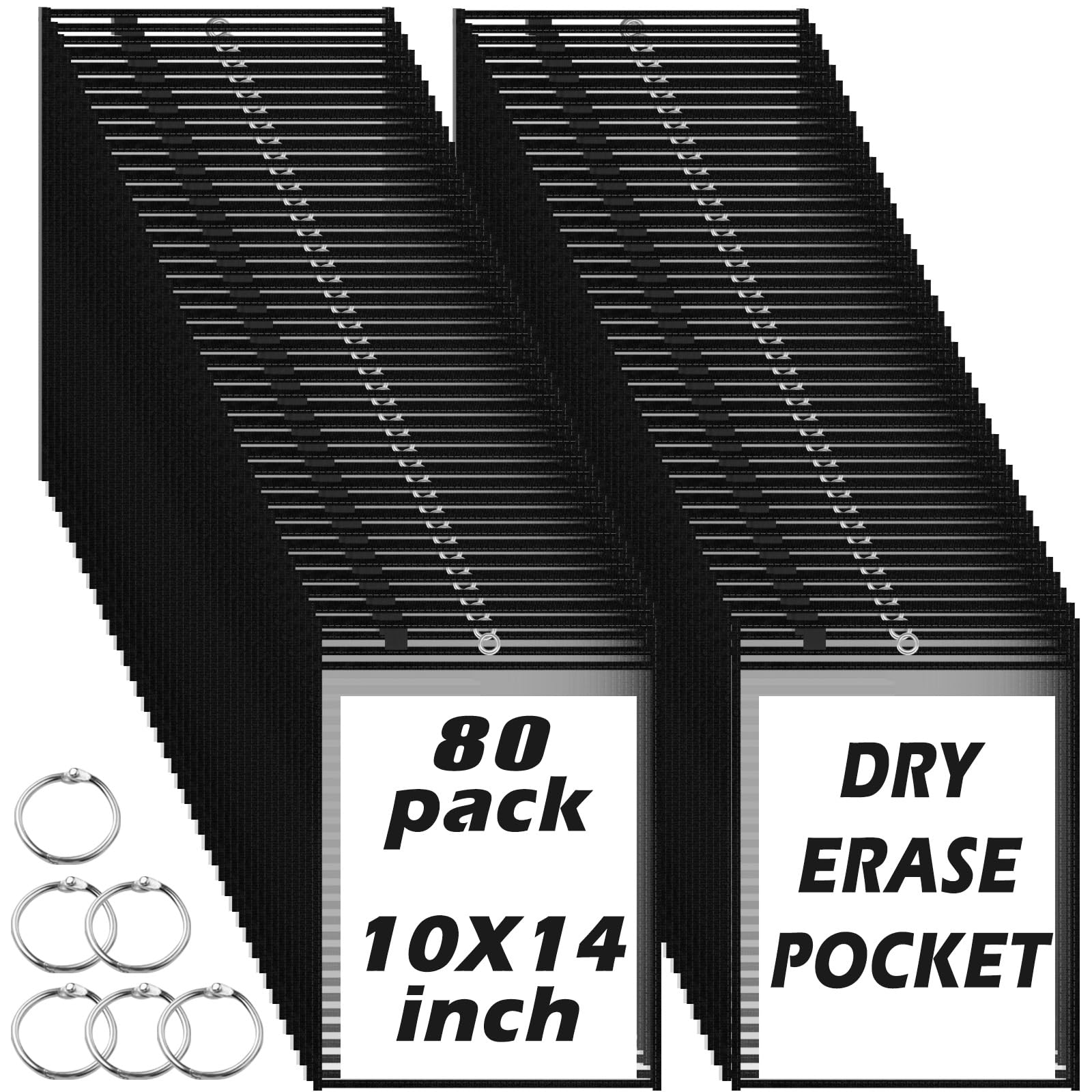 80 Packs Dry-Erase Pockets Bulk Oversized Reusable Dry Erase Pocket Sleeves with 5 Rings, 10x14 Black Ticket Holders, Clear Plastic Sheet Protectors,