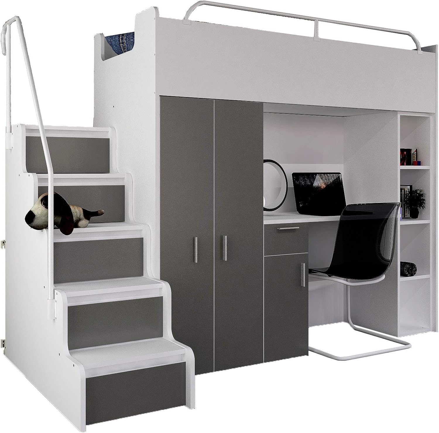 High Sleeper Modern Set with Wardrobe Desk Stairs and Cabin Bed