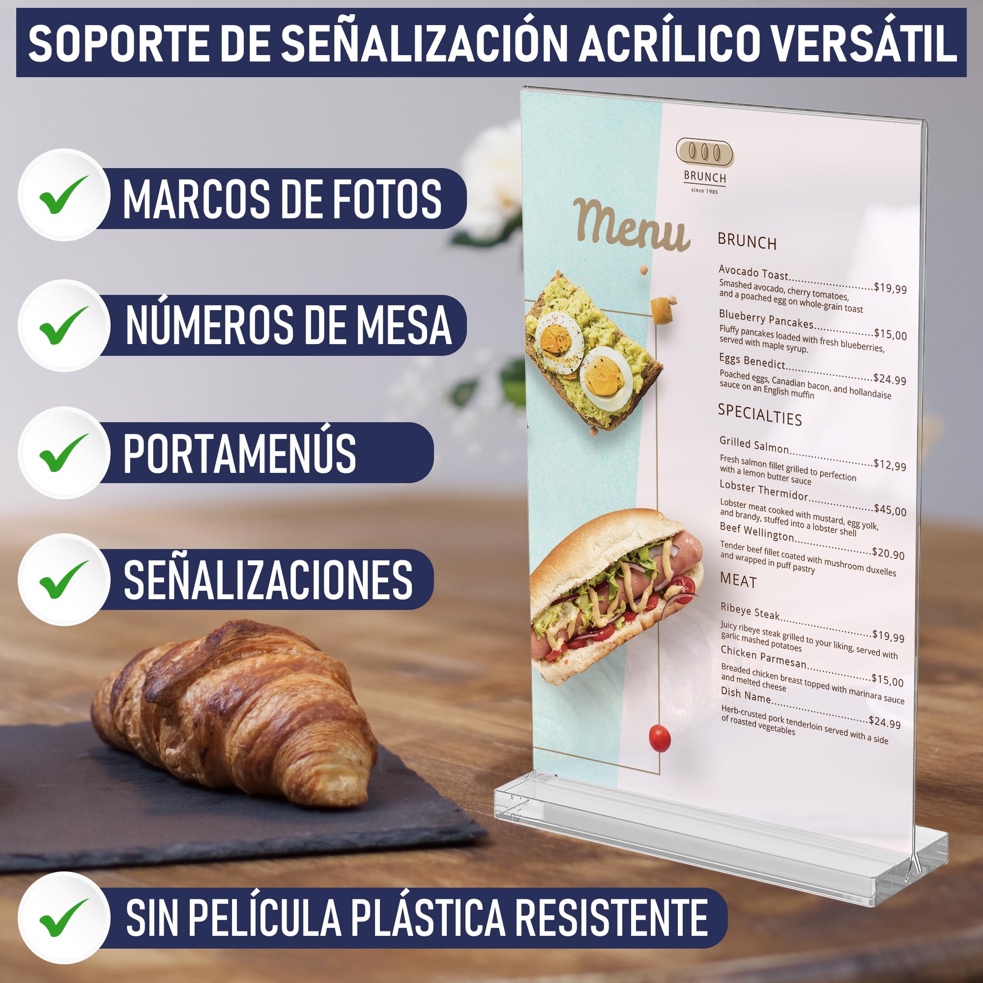 Dasher Products Porta menú A5 de metacrilato doble cara, pack de 6 - Soporte acrílico forma T sobremesa, carga inferior - Expositor para carta restaurante, fotos, números de mesa