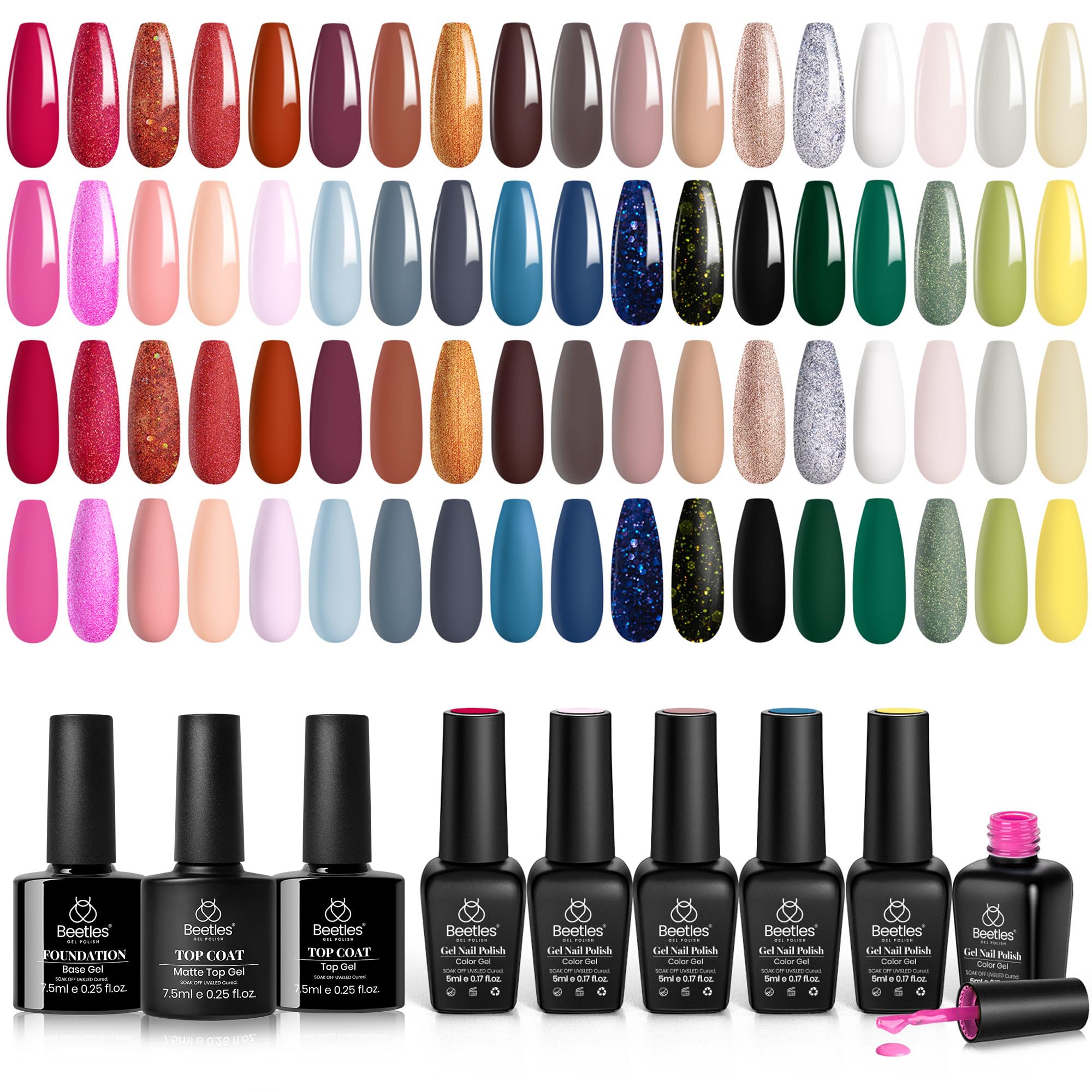 Beetles Gel Nail Polish Set,39Pcs All Season Holiday Uv Gel Polish with Base/Top Coat Soak Off Pink Red Green Blue Golden Glitter Christmas Gifts for Women Girls Beetles Gift Spree
