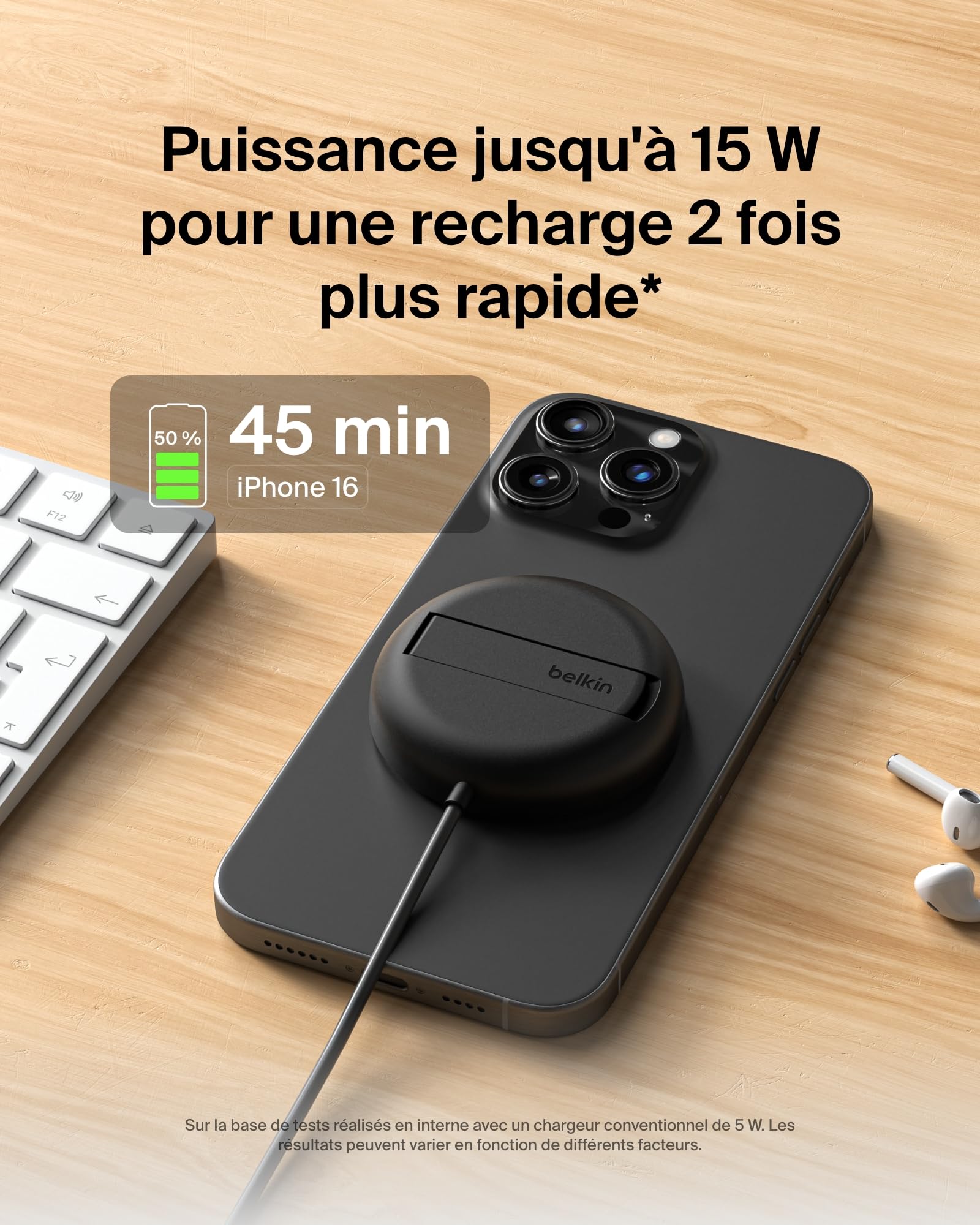 Belkin Station de Charge sans Fil, 15W, Certifié Qi2 et Compatible MagSafe, pour Tous Les modèles de l'iPhone 17, iPhone Air, iPhone 16, pour Les AirPods, etc., sans Adaptateur Secteur - Noir