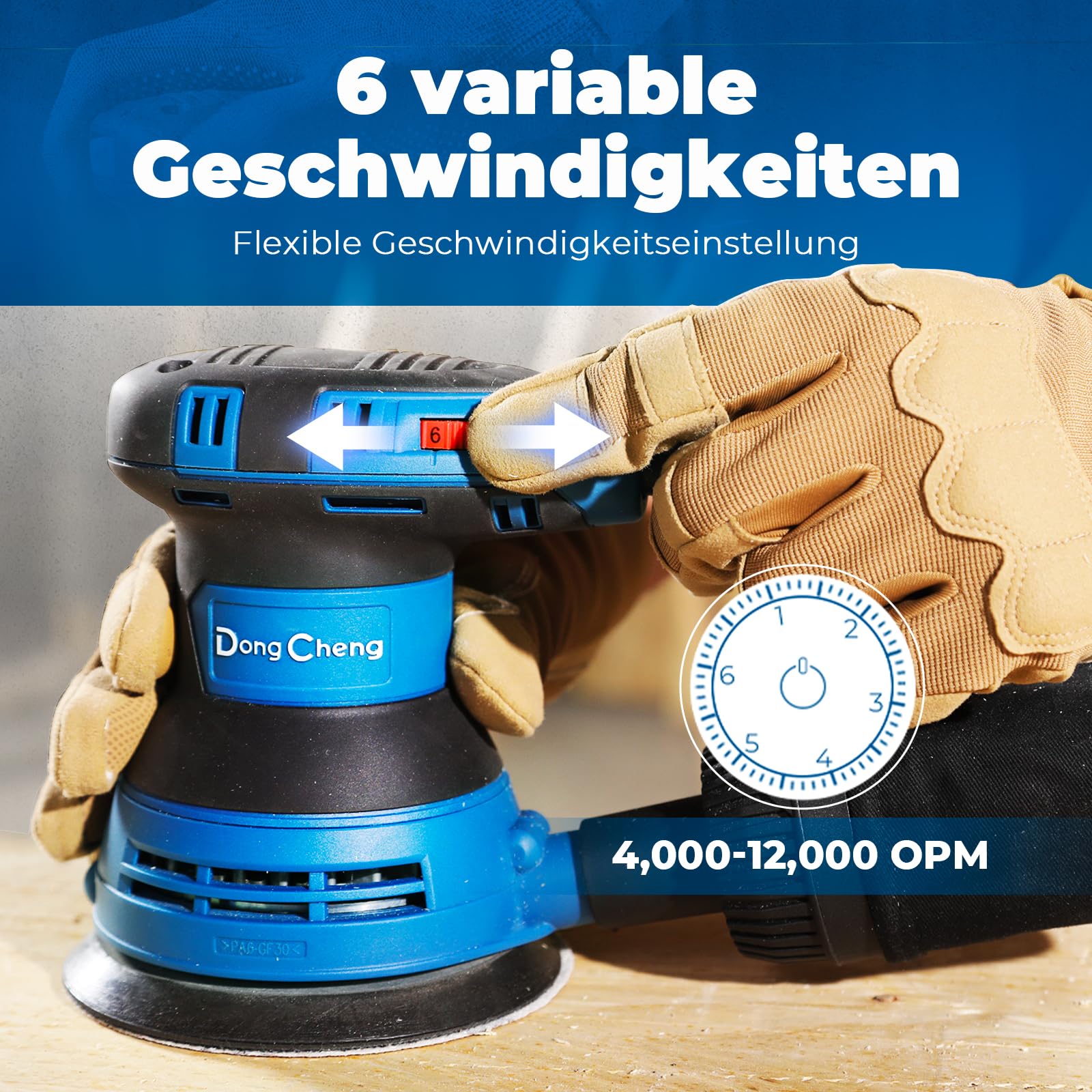 DongCheng Exzenterschleifer 300W, 125mm Schleifmaschine, 6 Geschwindigkeiten, 4,000-12,000 U/min mit Staubfangbehälter und 10 Schleifpapier, ideal für Holzbearbeitungsprojekte und Heimwerkerarbeiten