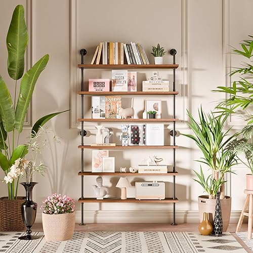 Miniatura 137 de Estantería industrial de 5 niveles, estantería rústica de tubería de metal de madera montada en la pared para sala de estar (marrón envejecido, 10