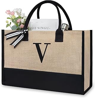 TOPDesign Personalized Initial Canvas Beach Bag, Monogrammed Gift Tote Bag for Women