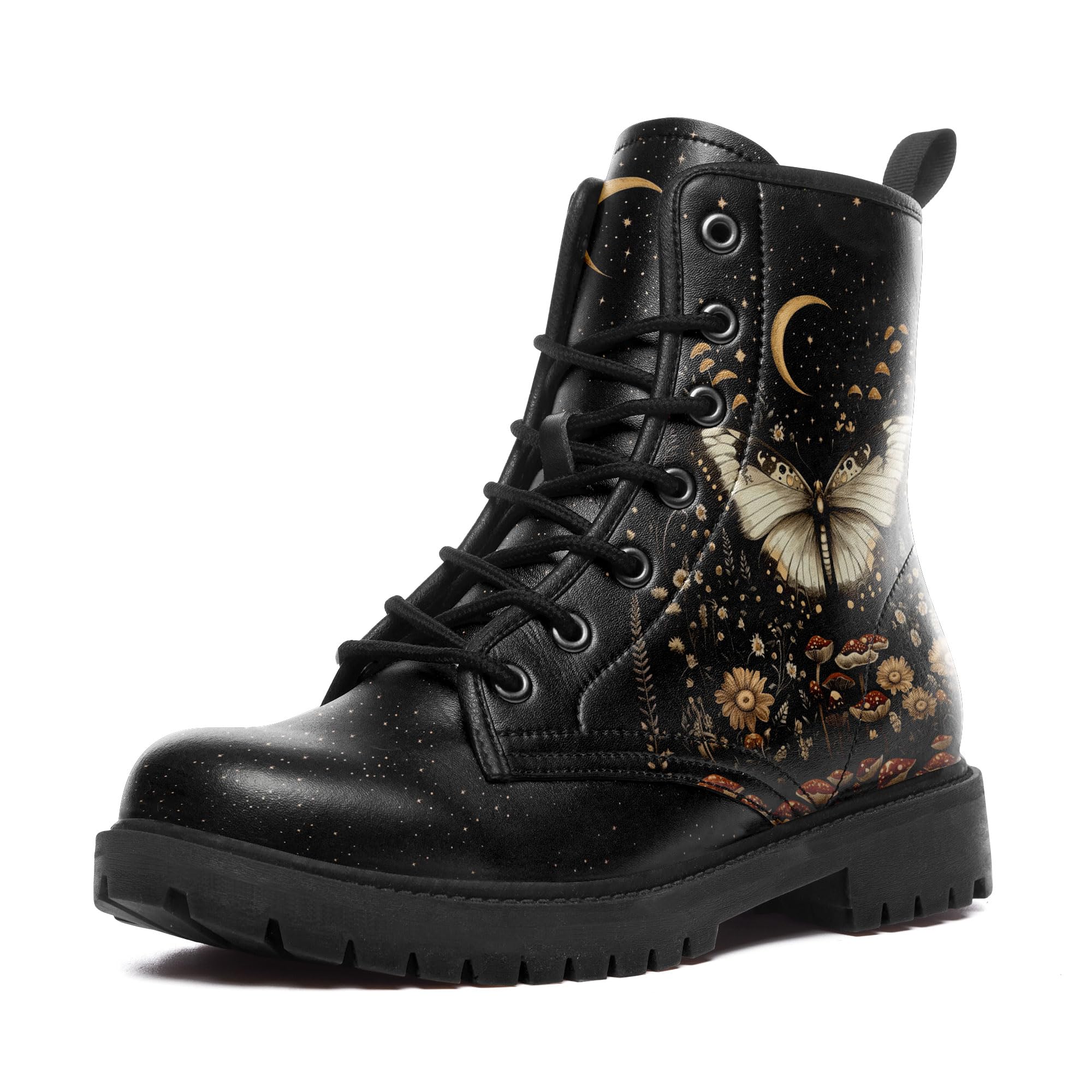 Womens Mystical Celestial Moth Combat Boots Comfortable Star Moon Lace-Up Ankle Boot Platform Booties