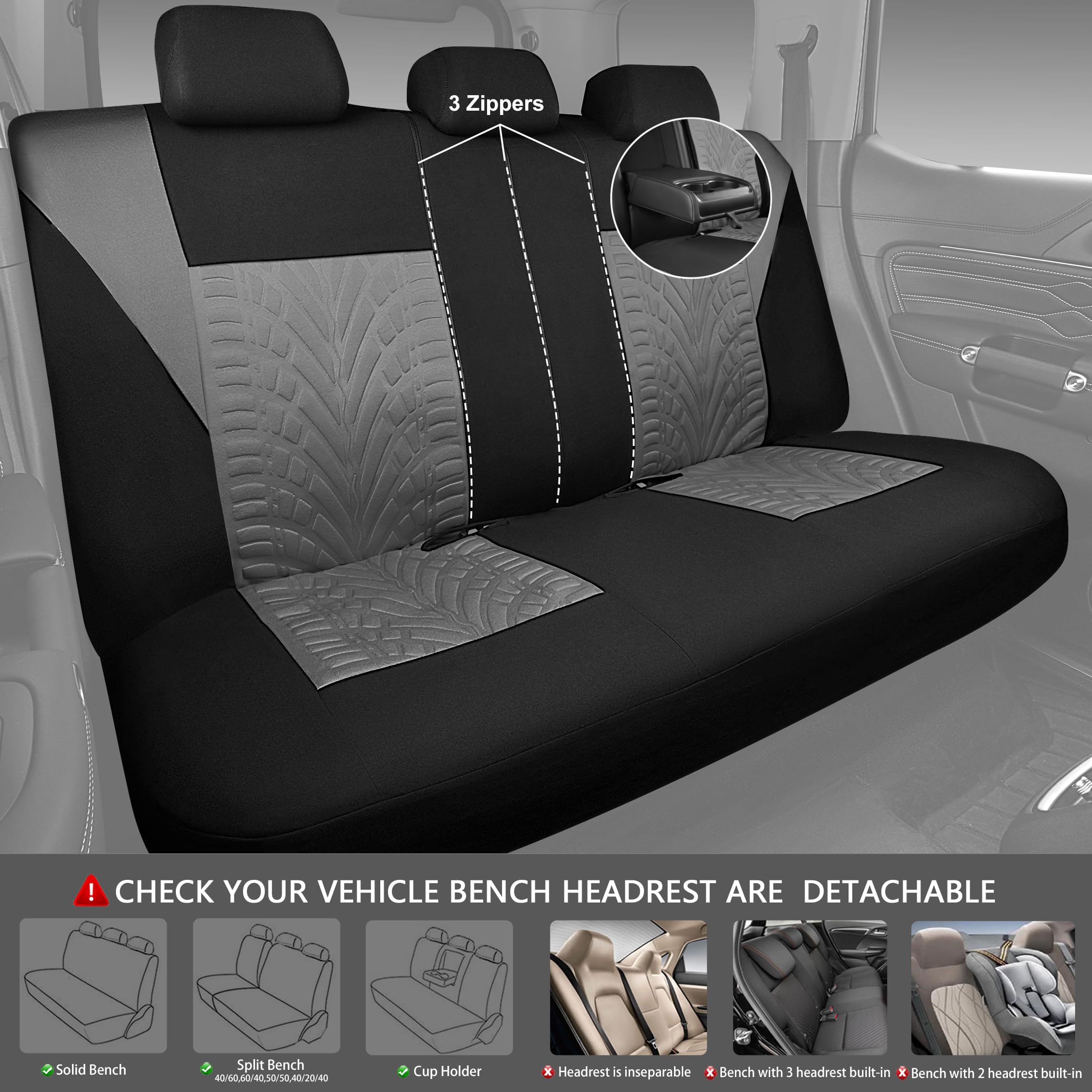 CAR PASS Fundas de Asiento de Coche, Asiento Delantero y Trasero Dividido para automóvil, Fundas Interiores con impresión de neumáticos en 3D, compatibles con Bolsa de Aire, configuración rápida