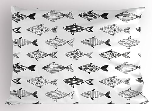 Ambesonne Funda de almohada marina, patrón de peces en color suave, diferentes diseños de cuerpo, estilo acuarela, arte náutico, funda de almohada