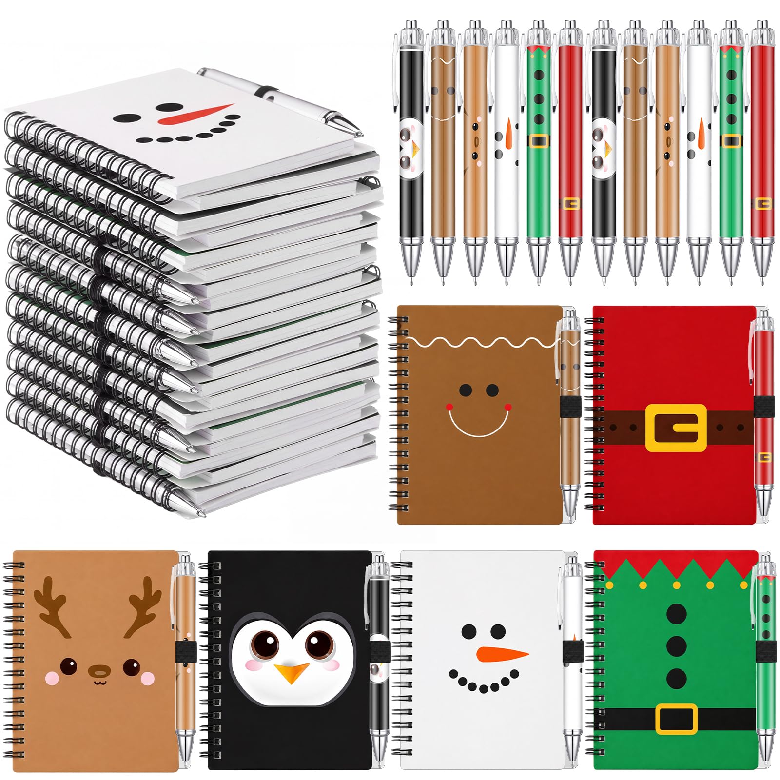 Sabary Lot de 12/24 carnets à spirale de Noël, cadeaux de Noël, stylos à bille, cadeaux pour employés, collègues, employés de vacances, fournitures de fête de Noël