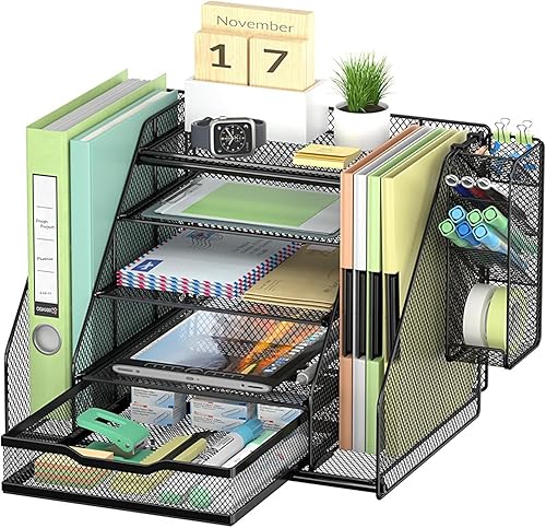 Organizador de escritorio, organizador de archivos de 5 niveles para escritorio con cajón deslizante y soporte para bolígrafos, organización de