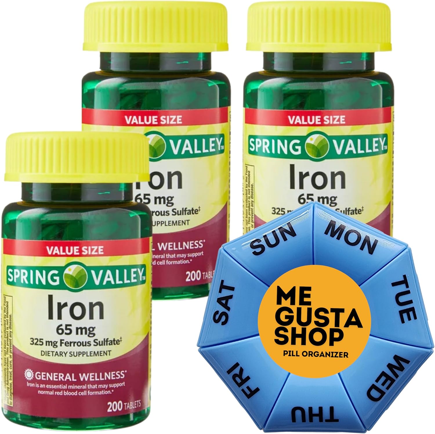 Spring Valley Iron Tablets Dietary Supplement Value Size, 65 mg 200 Count Pack of 3 Total 600 Includes Pill Organizer
