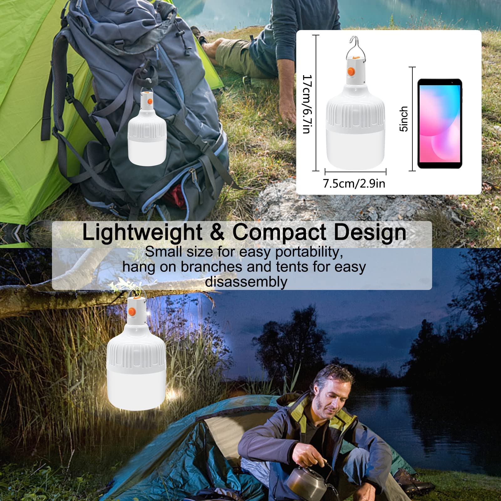 2 Pezzi Lanterna da Campeggio LED, Lampadina Ricaricabile USB 2 Livelli Dimmerabili Appeso Portatile, Luce da Lavoro Lampada Ultra Luminosa Lmpermeabile per Esterno Giardino Emergenza Tenda