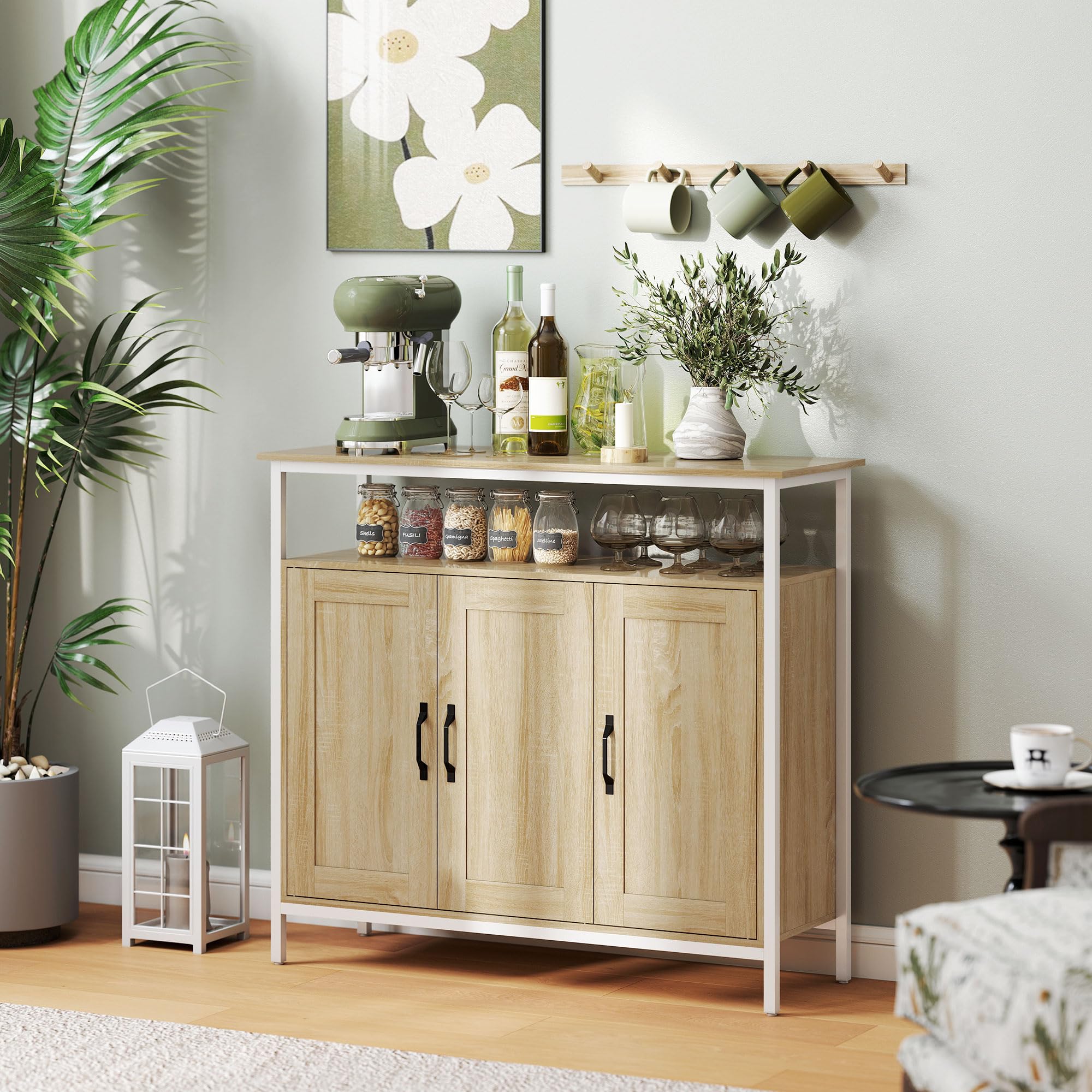 HOMCOM Buffet 3 Portes, Compartiment Ouvert, 100 x 35 x 88 cm, Bois Naturel | Meuble de Rangement, 4 Étagères Réglables, Cadre en Métal, Style Industriel, Salle à Manger, Cuisine, Salon