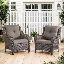Belord High Back Patio Chairs Set of 2 - Brown Wicker Chairs Outdoor Seating, 4" Wide Armrests Rattan Outdoor Club Chair with Grey Removable Cushion for Deck Porch Backyard