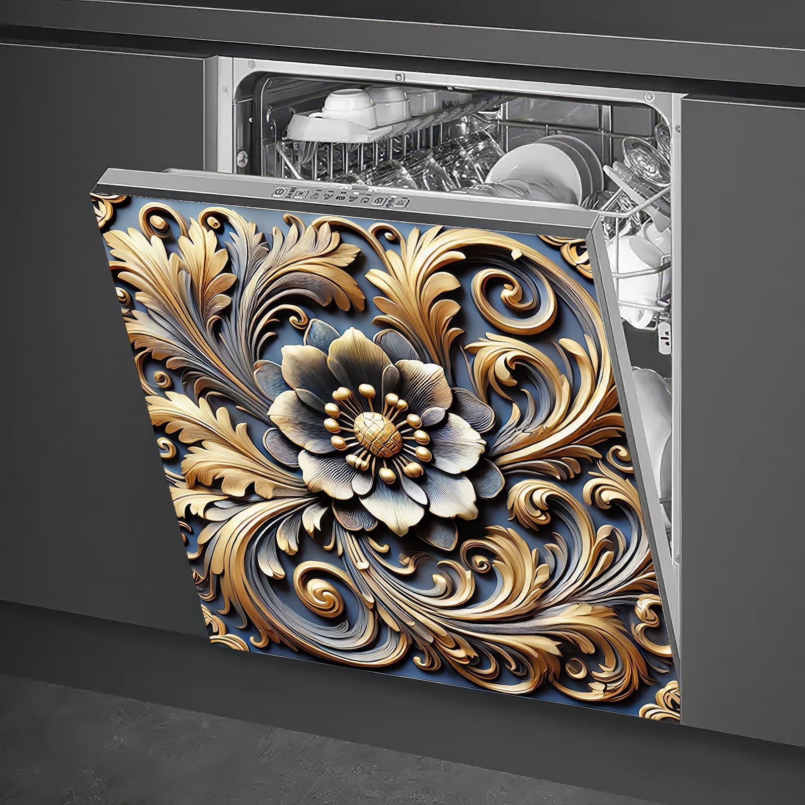 HOMETITUTE Baroque Floral Magnetic Dishwasher Cover 23x26 Inch Gold Flower Embossed Panel Decorative Magnet Sticker for Kitchen Appliance Fridge Refrigerator Door Home Decoration Metal Surface Wrap