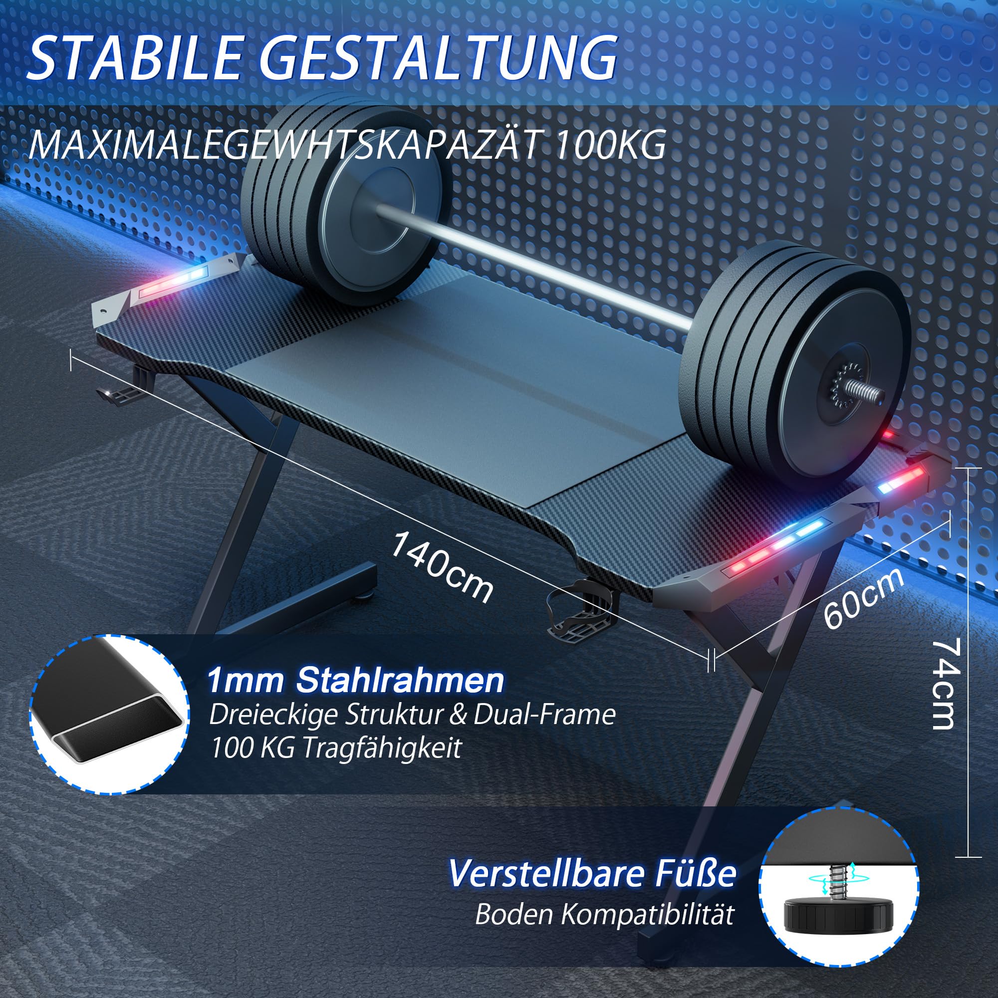 HLONONE Biurko gamingowe LED 140 x 60 cm, stół gamingowy z diodami LED, stabilny stół PC z powłoką z włókna węglowego, stół dla graczy z uchwytem na napoje i hakiem na słuchawki, kolor czarny