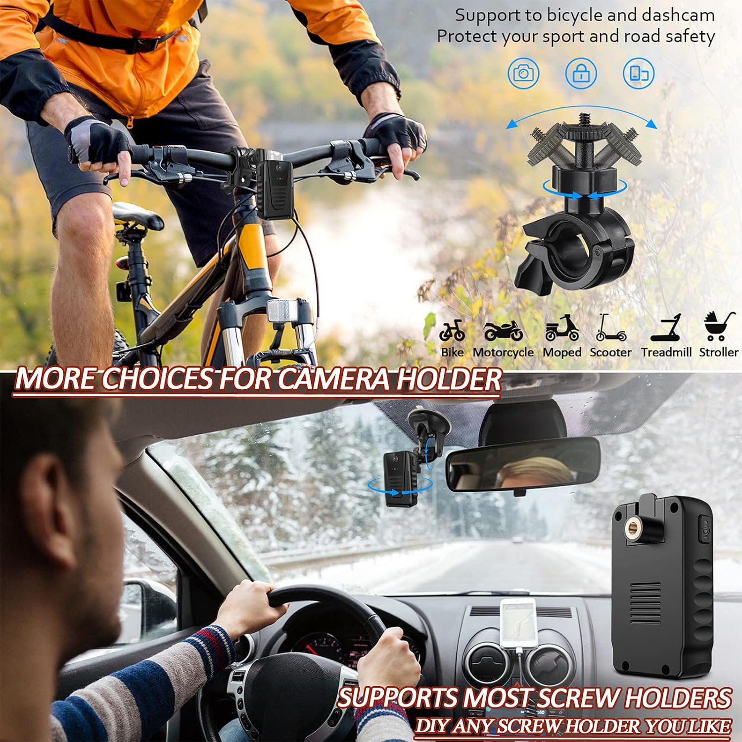 Body camera mounted on a bicycle handlebar and car dashboard