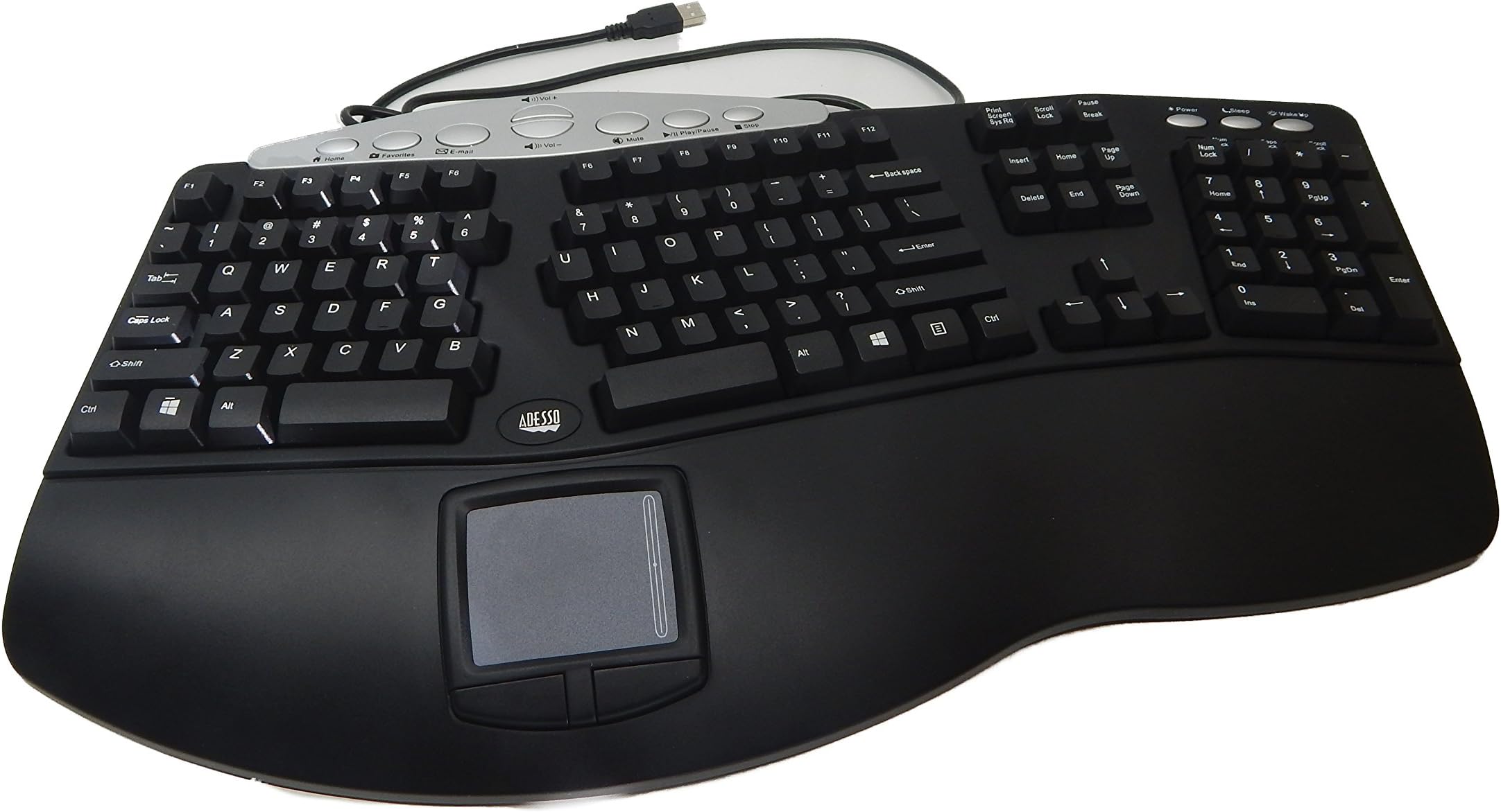 Adesso PCK-308UB - Tru-Form Pro Ergonomic Contour TouchPad USB Keyboard Black with Hotkeys