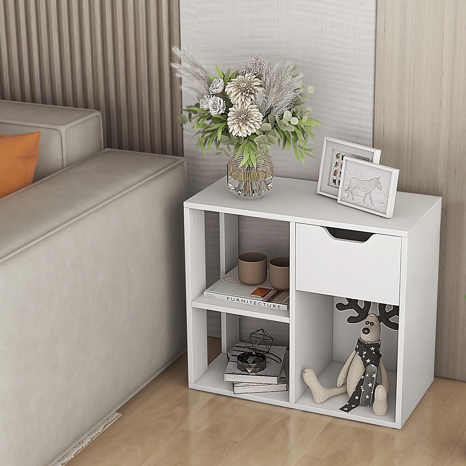 HOMASIS Cubo Portaoggetti Scaffale, Mobiletto Salvaspazio con Cassetto e 3 Scomparti, Scaffale Piccolo in Legno, Divisorio per Soggiorno, Ufficio, Camera da Letto, 60 x 30 x 53 cm (Bianco)