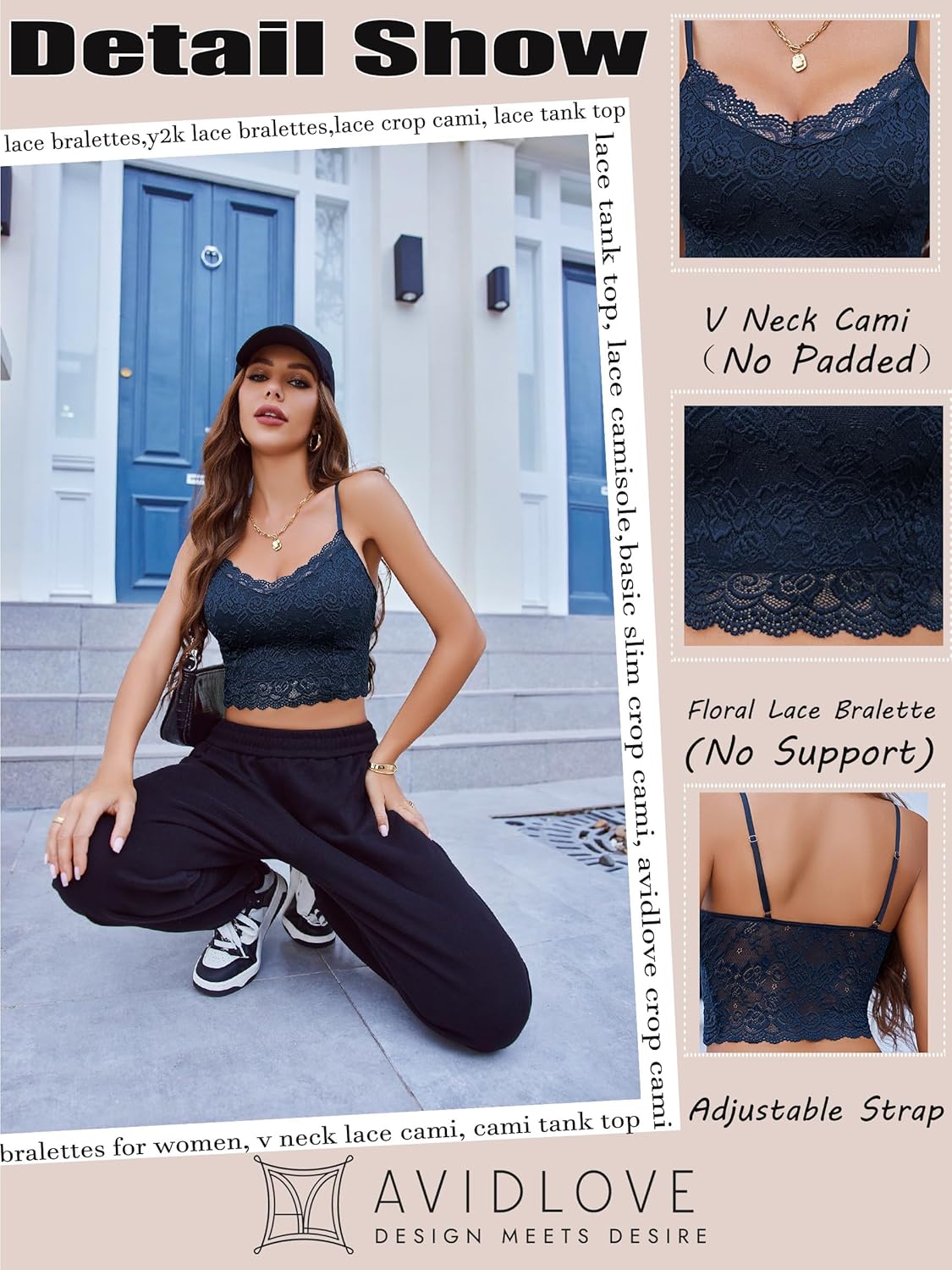 Avidlove Lace Bralette for Women Spaghetti Strap Tank Top V Neck Slim Basic Camisoles - Image 4