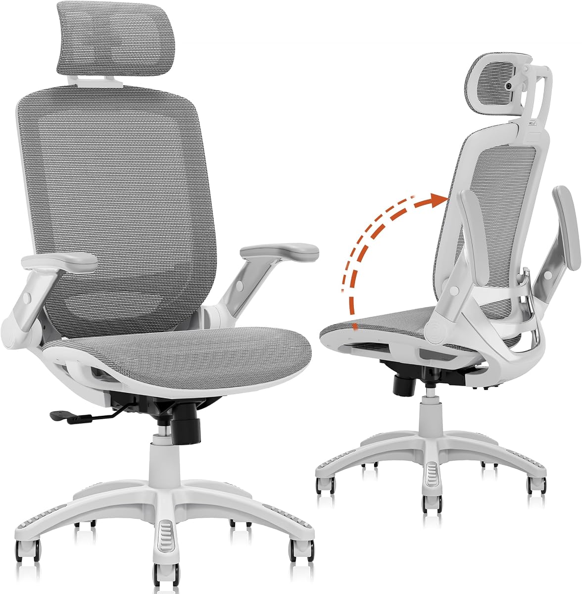 Ergonomic Office Chair, High Back Home Desk Chair with Headrest, Flip-Up Arms, 90-120° Tilt Lock and Wide Cushion, 300LBS Mesh Chairs for Man Woman, White Task Chair(Dark Grey,GY01WDG)