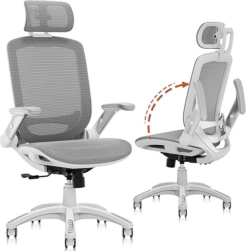 Miniatura 14 de Gabrylly Silla de oficina de malla ergonómica, respaldo alto, reposacabezas ajustable con brazos abatibles, función de inclinación, soporte lumbar y