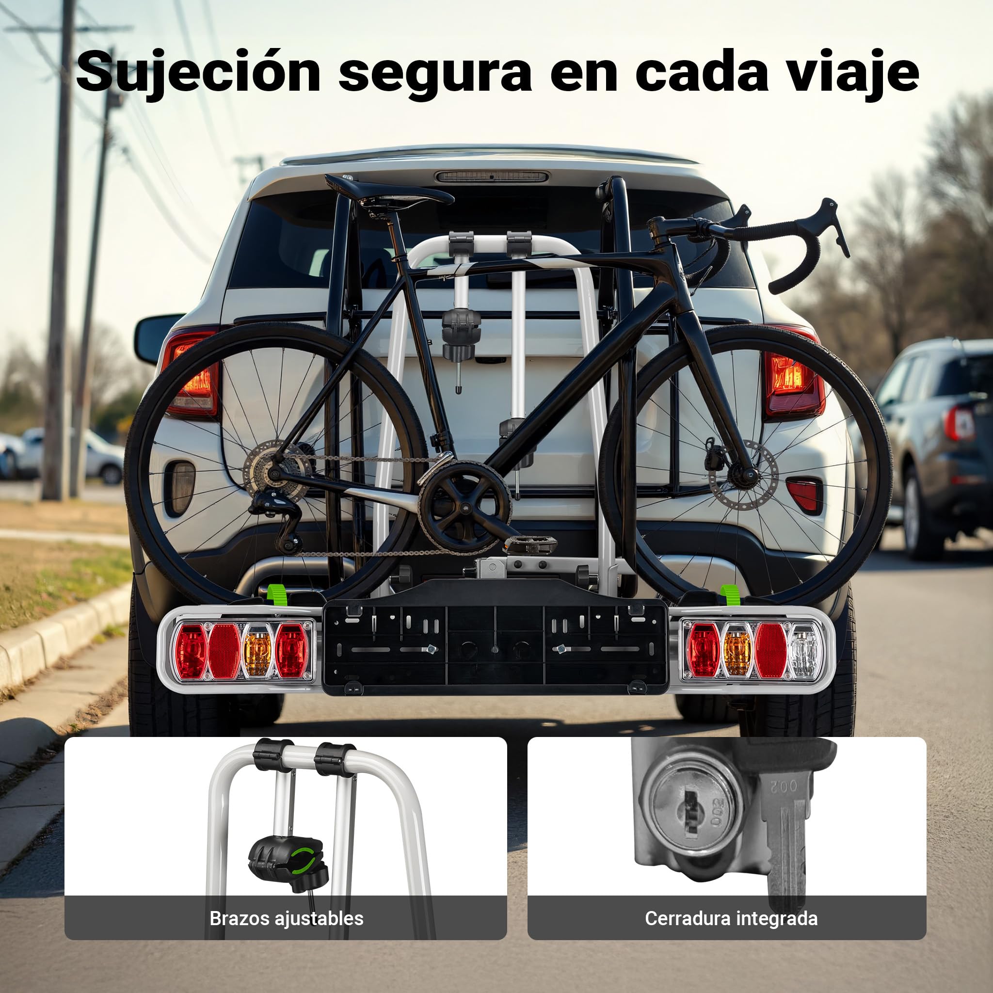 Wiltec Portabicicletas Trasero para 2 Bicicletas con Enganche de Bola y Acoplamiento de Remolque soporta hasta 60 kg Gancho de Bola de 2" Rueda Ø 22-29" Plegable e inclinable con protección antirrobo