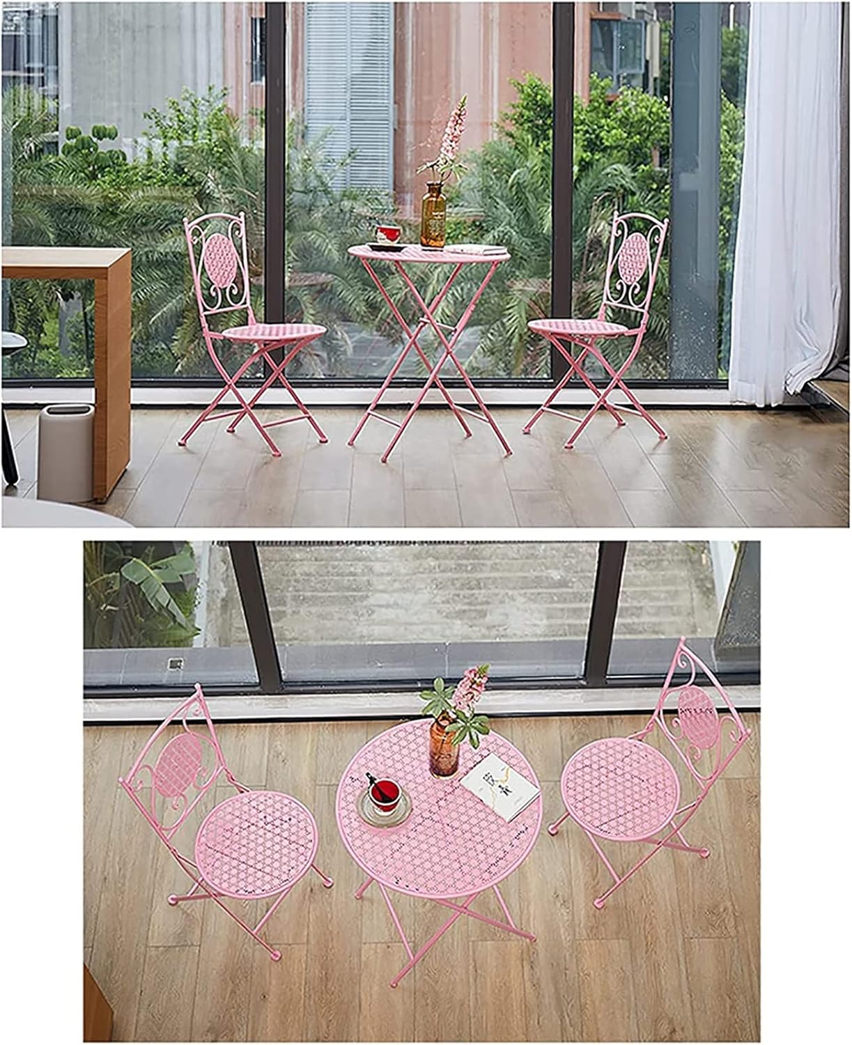 Folding Table Chair Set (3PCS) Outdoor Foldable Round Coffee Tables, Simple Home Balcony/Terrace/Garden Portable Iron Small Table(C)