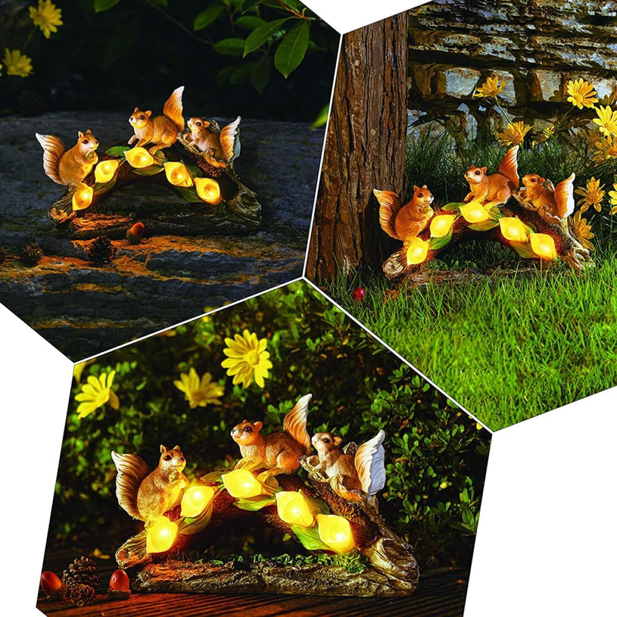 ABOOFAN Solar Powered Resin Squirrel Lawn Lights Set of 3, Outdoor Garden Landscape Figurine Lamps for Patio Yard Decorative Lighting