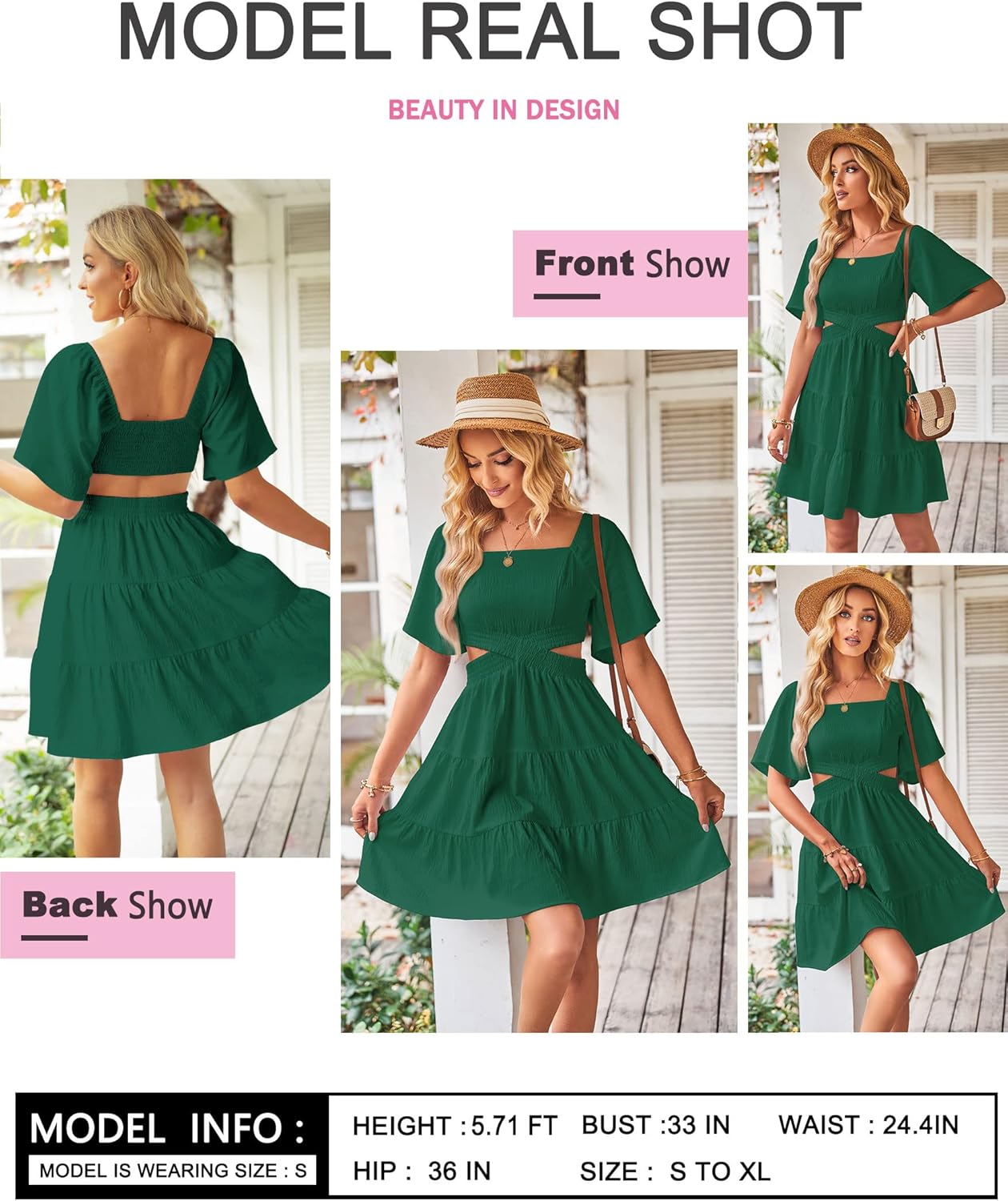 Women's Summer Dresses Square Neck Casual Short Sleeves Elastic Waist Party Mini Dress - Image 4