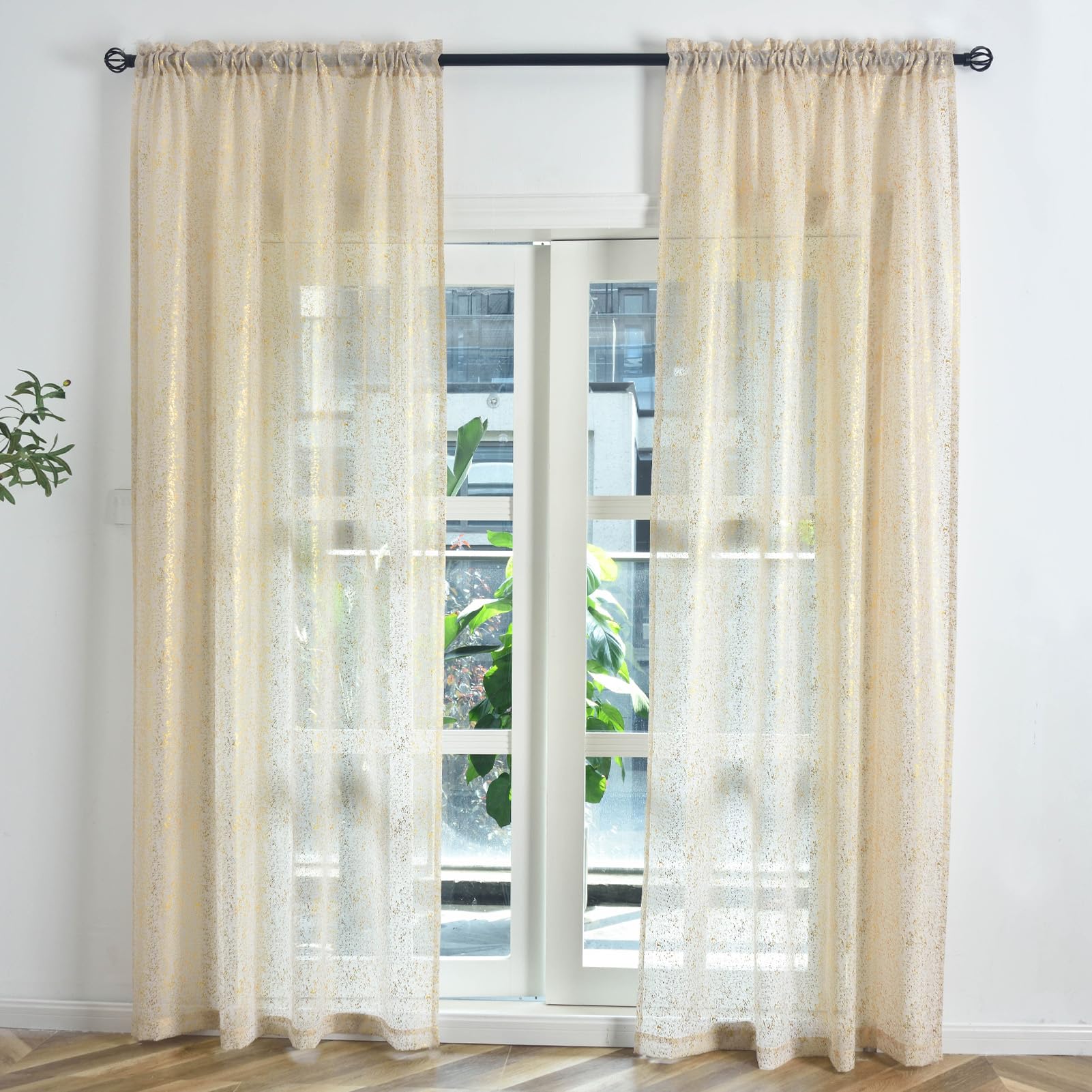 TERLYTEX Metallic Gold Sheer Curtains 96 Inches Long 2 Panels - Image 2