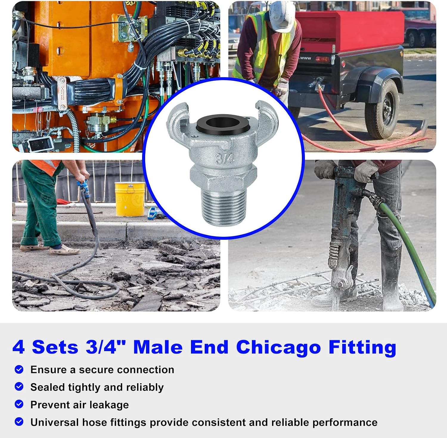 4 Pcs 3/4" Chicago Air Fittings NPT Iron Air Hose Fittings | Air Hose Fittings for Compressor, 0.75" Universal Air Coupling for NPT Male End Chicago Fittings With Safety Clips & Gaskets