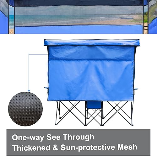 Miniatura 5 de Silla de playa doble con toldo y sillas de camping resistentes con portavasos plegable para césped exterior