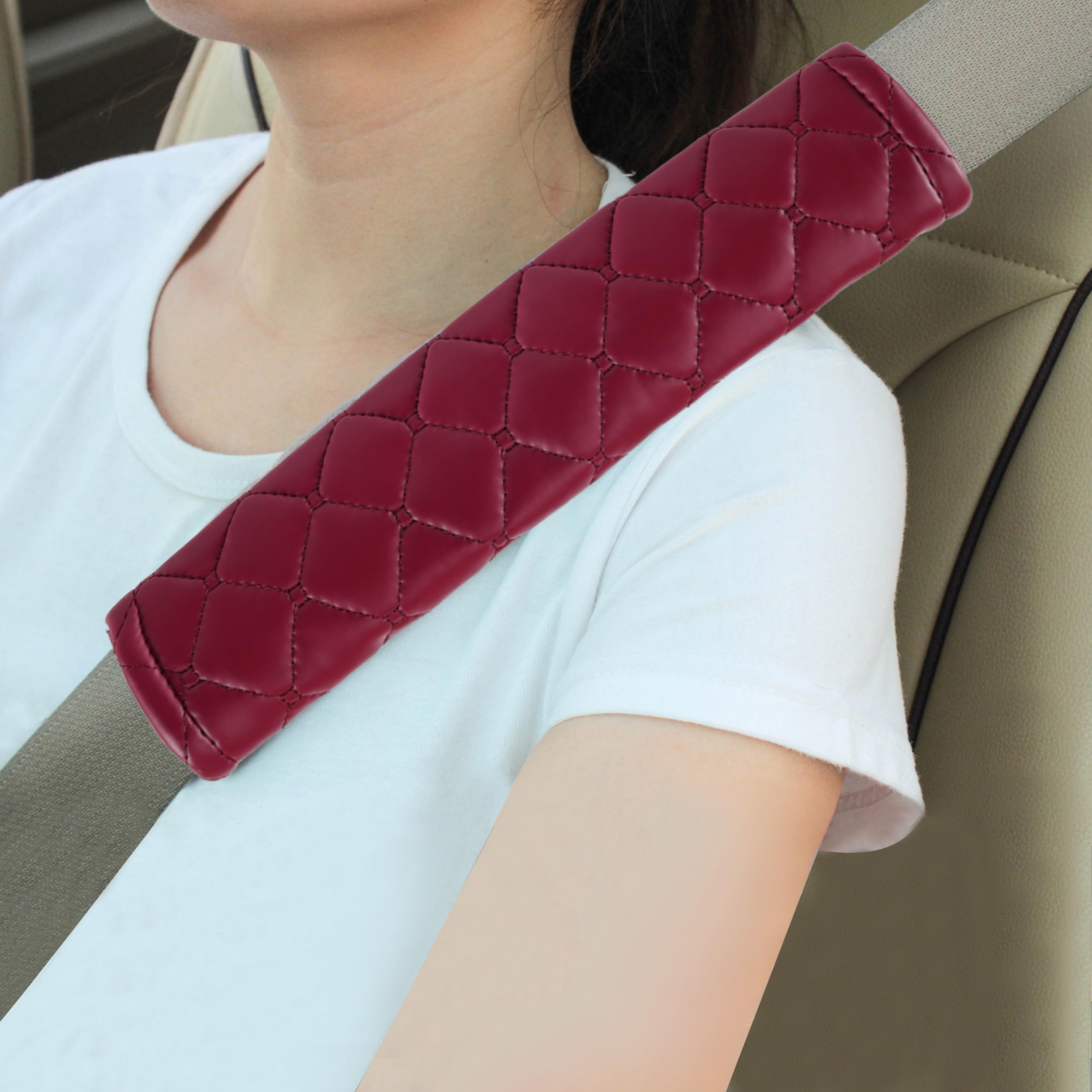 Amooca Car Seat Belt Cover Soft Fiber Leather Cool Seatbelt Shoulder Pad Cushions 2PC for a More Comfortable Driving Universal Fit for Auto and Backpack Wine Red