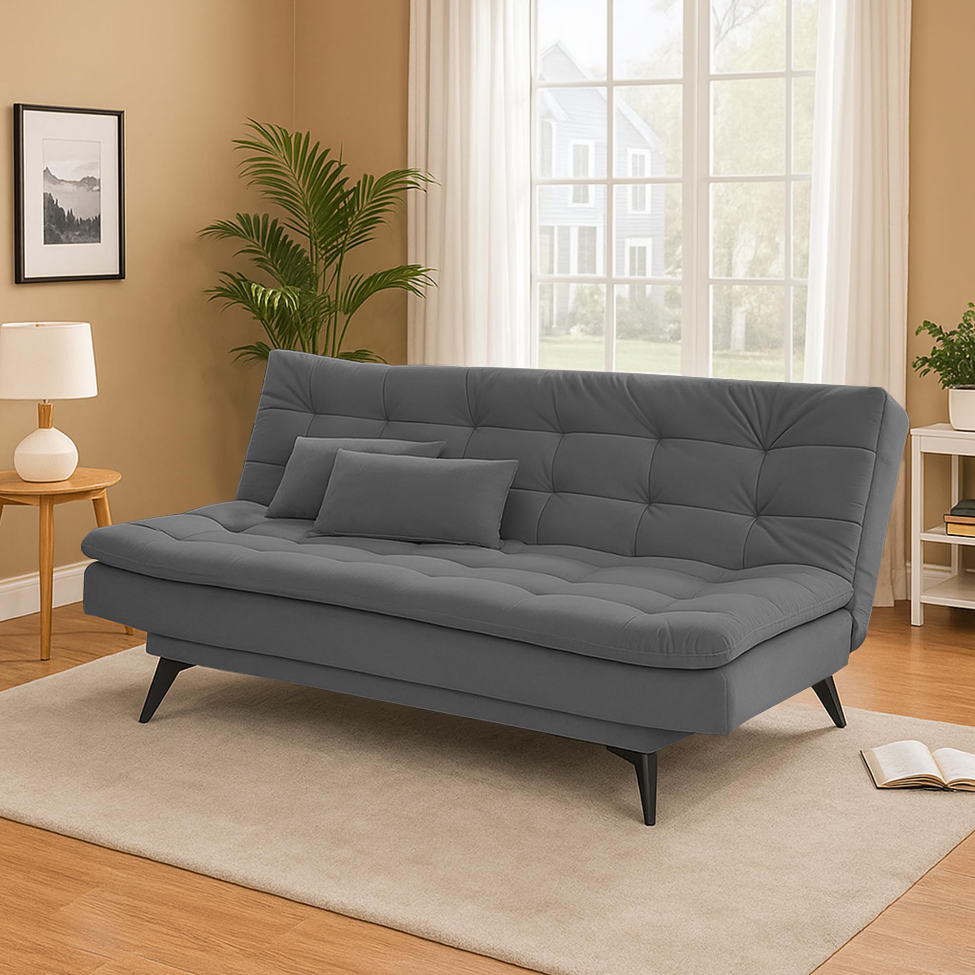 Casaliving Danny Sofa Cum Bed for Living Room Premium Fabric Sofa New 3 Seater Sofa Cum Bed Velvet Fabric with 2 Cushions and Suitable for All Indoor (Mouse)