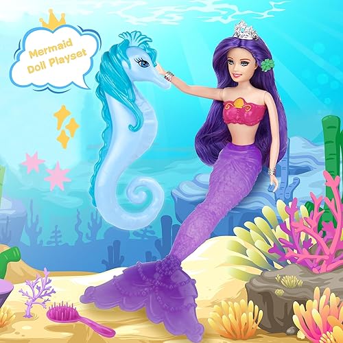 Miniatura 7 de Juego de muñeca de princesa sirena y caballito de mar que cambian de color, juguete de sirena de 13.4 pulgadas que cambia de color por encima de 82