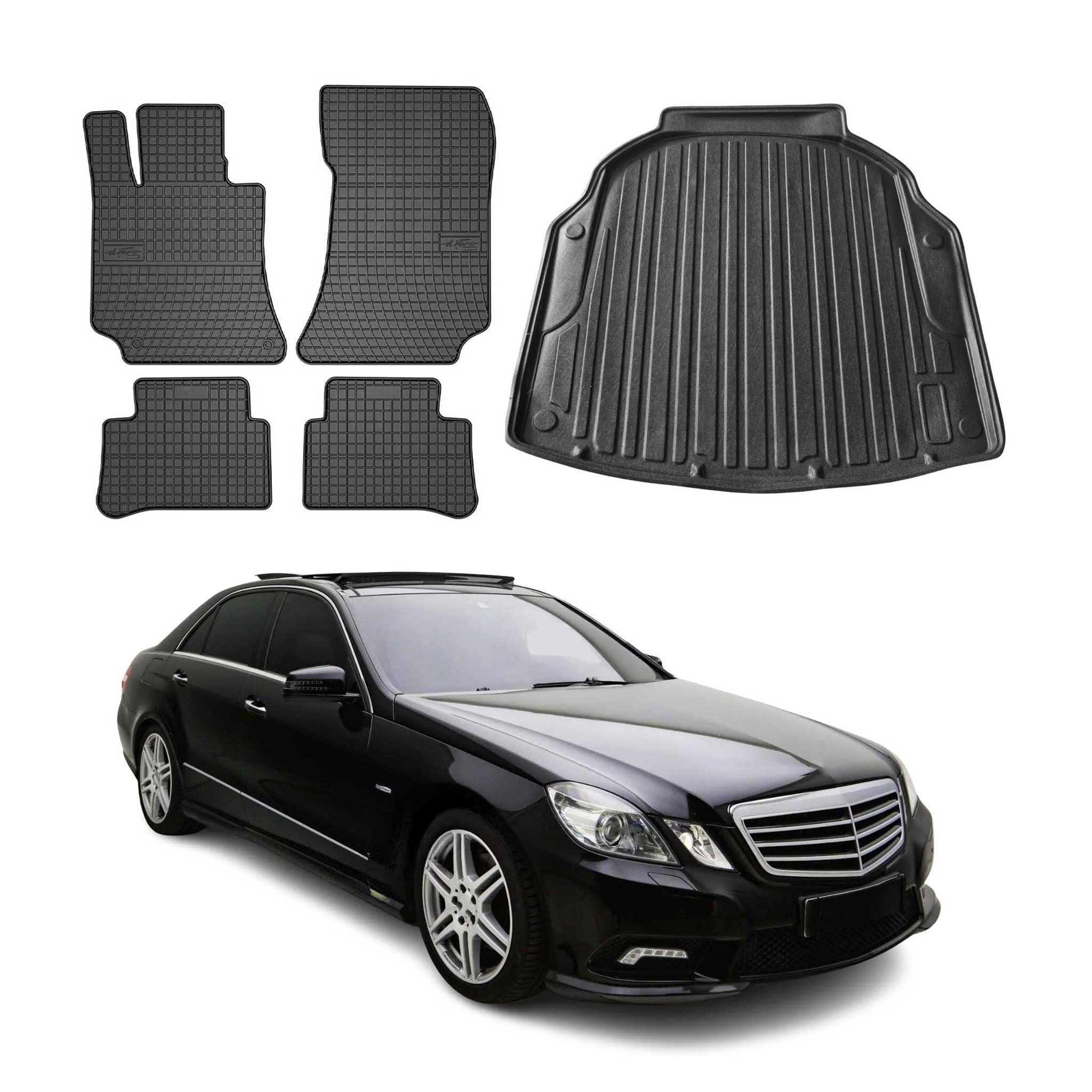 Fußmatten Kofferraumwanne Set kompatibel mit Mercedes E-Klasse W212 2009-2016 Schwarz Gummi