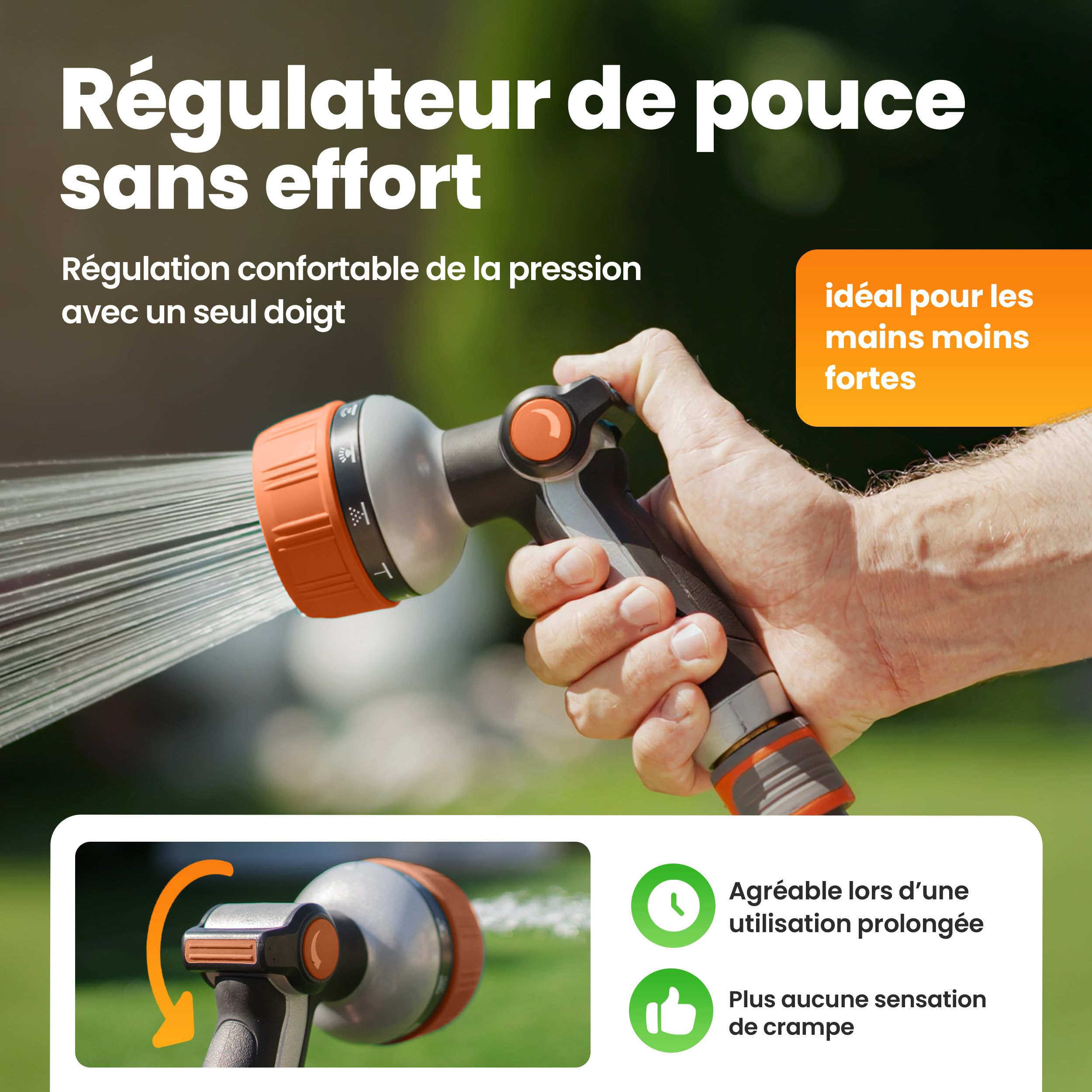 rainfactory pistolet arrosage - douchette jardin multifonction avec 10 modes de pulvérisation, haute pression et poignée ergonomique - lance arrosage avec embout tuyau 3/4" en laiton