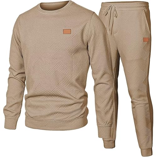 Men's 2 Piece Sweatsuits Outfits Casual Crewneck Jacquard Sweatshirt Joggers Sweatpants Set Tracksuit