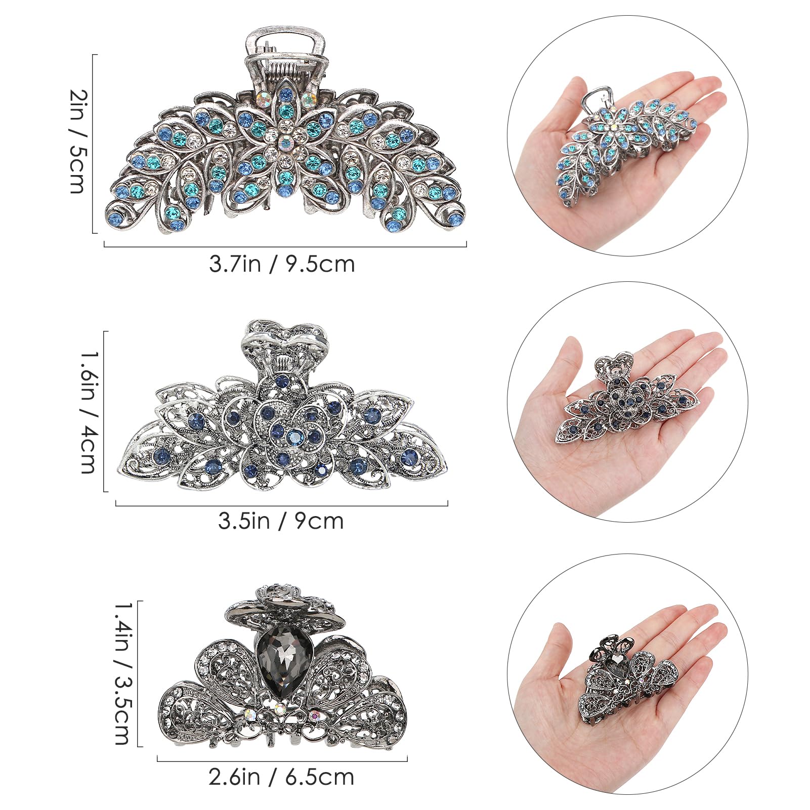 kilofly 3pc Vintage Crystal Hair Claw Clips Long Thick Hair Metal Clamps, Large+Large+Medium, 1 count (Pack of 3) - Image 2
