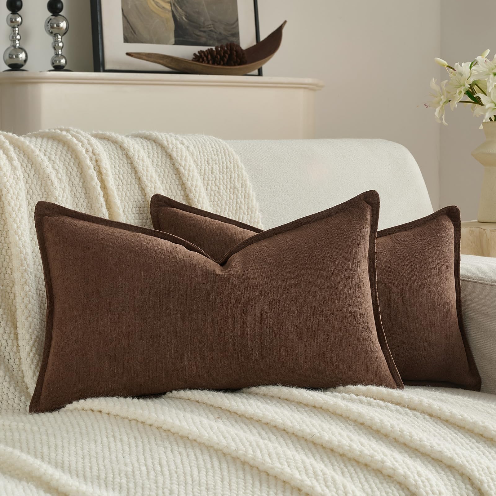 FUTEI Set of 2 Solid Chenille Cushion Covers 30 x 50 cm, Brown
