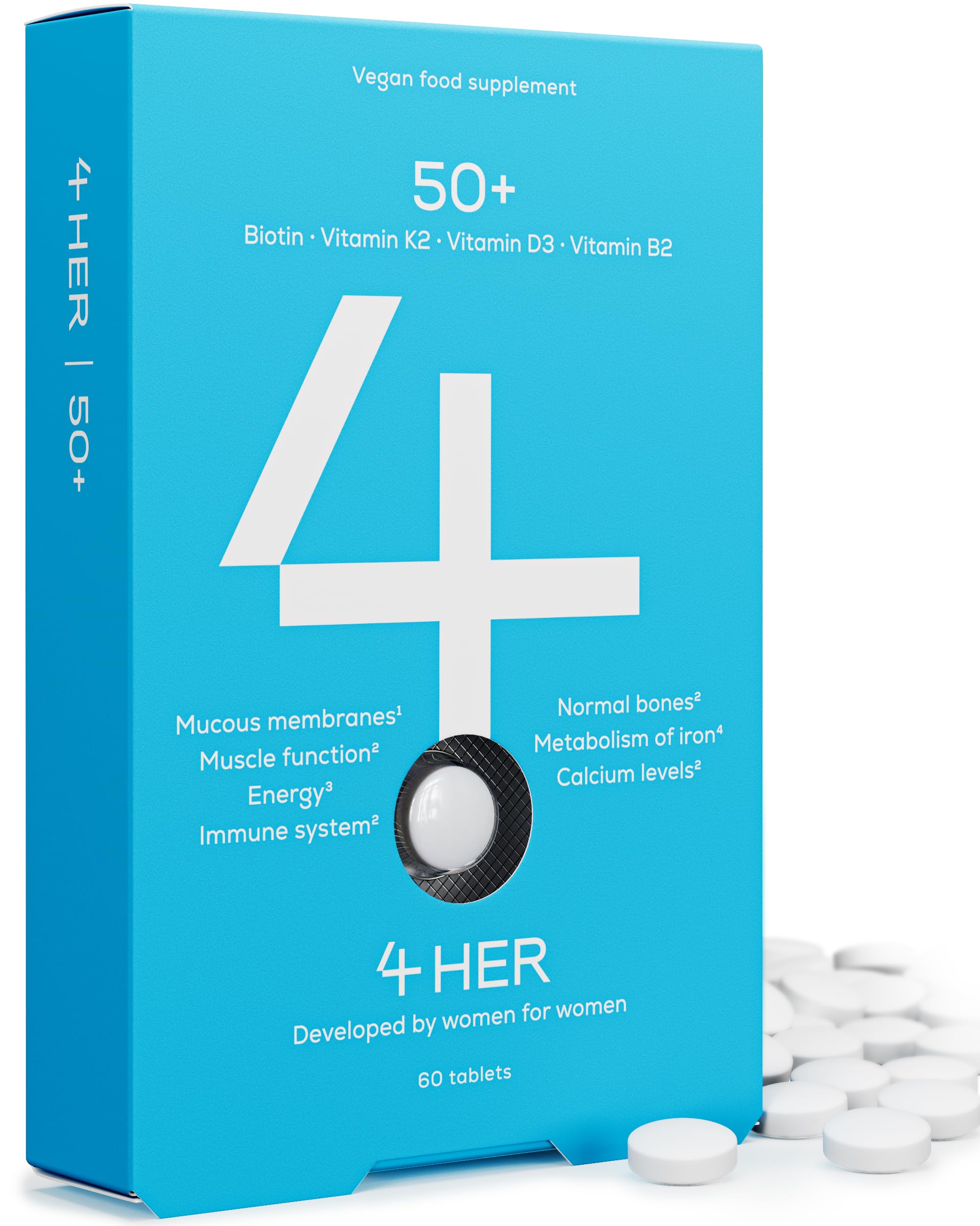 4 HER 50+ - Multi Vitamins for Women Over 50 - Vegan Tablets, 60pcs - Multi Vitamins and Minerals Supplements with Biotin, Vitamin K2, Vitamin D3 and Vitamin B2 - Post Menopause Supplements